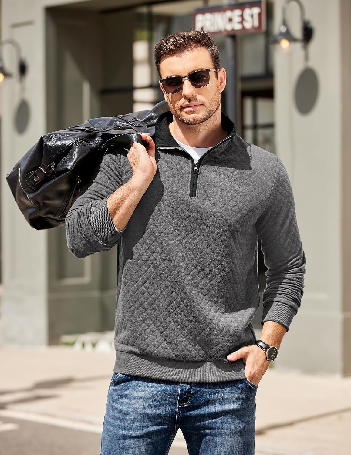 image:imageCOOFANDY Mens Quarter Zip Pullover Casual Mock Neck Quilted Sweatshirt 2026 Smooth metal zipper sweater warm without bulk long sleeve regular fit fall winterDark Grey
