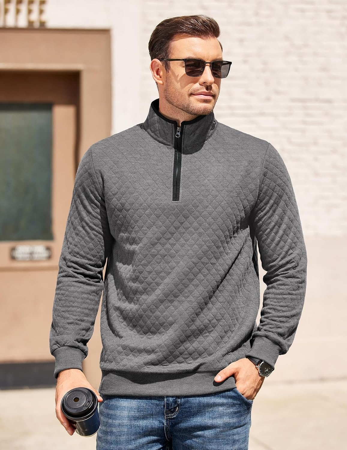 image:imageCOOFANDY Mens Quarter Zip Pullover Casual Mock Neck Quilted Sweatshirt 2026 Smooth metal zipper sweater warm without bulk long sleeve regular fit fall winterDark Grey