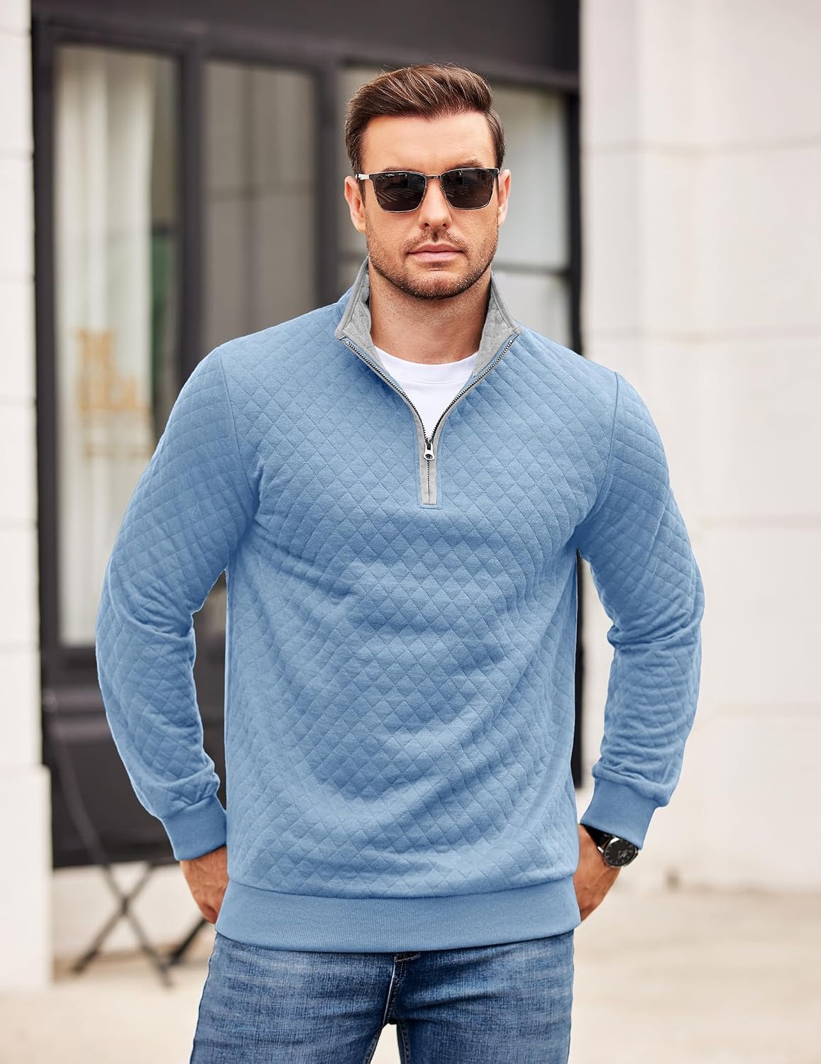 image:imageCOOFANDY Mens Quarter Zip Pullover Casual Mock Neck Quilted Sweatshirt 2026 Smooth metal zipper sweater warm without bulk long sleeve regular fit fall winterLight Blue