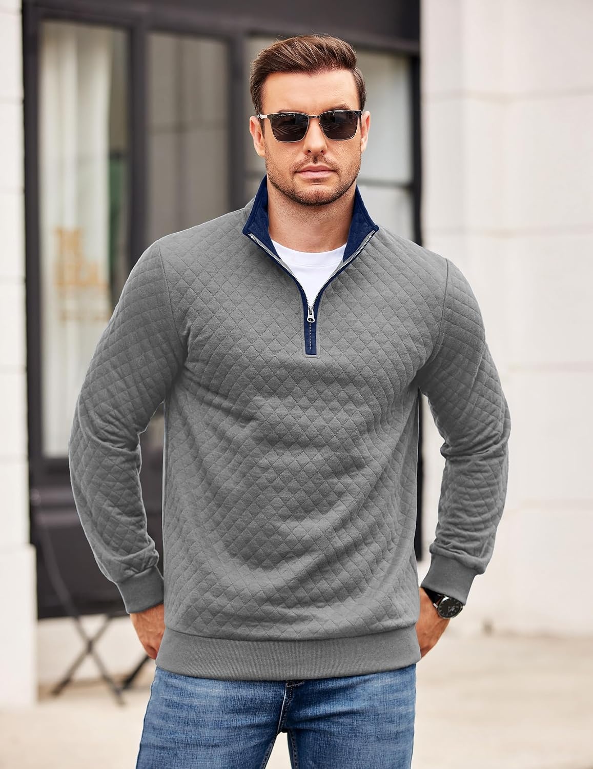 image:imageCOOFANDY Mens Quarter Zip Pullover Casual Mock Neck Quilted Sweatshirt 2026 Smooth metal zipper sweater warm without bulk long sleeve regular fit fall winterLight Gray