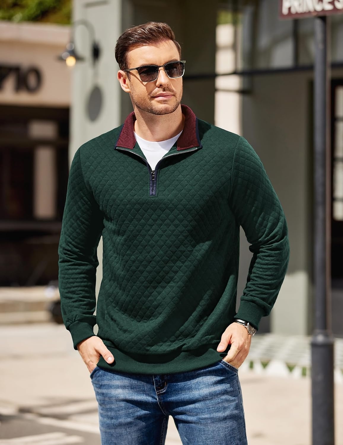 image:imageCOOFANDY Mens Quarter Zip Pullover Casual Mock Neck Quilted Sweatshirt 2026 Smooth metal zipper sweater warm without bulk long sleeve regular fit fall winterDeep Green