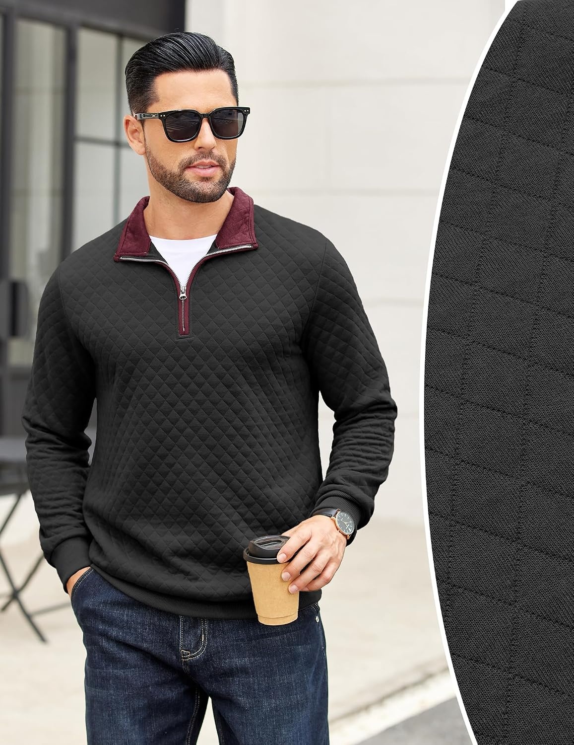 image:imageCOOFANDY Mens Quarter Zip Pullover Casual Mock Neck Quilted Sweatshirt 2026 Smooth metal zipper sweater warm without bulk long sleeve regular fit fall winterBlack