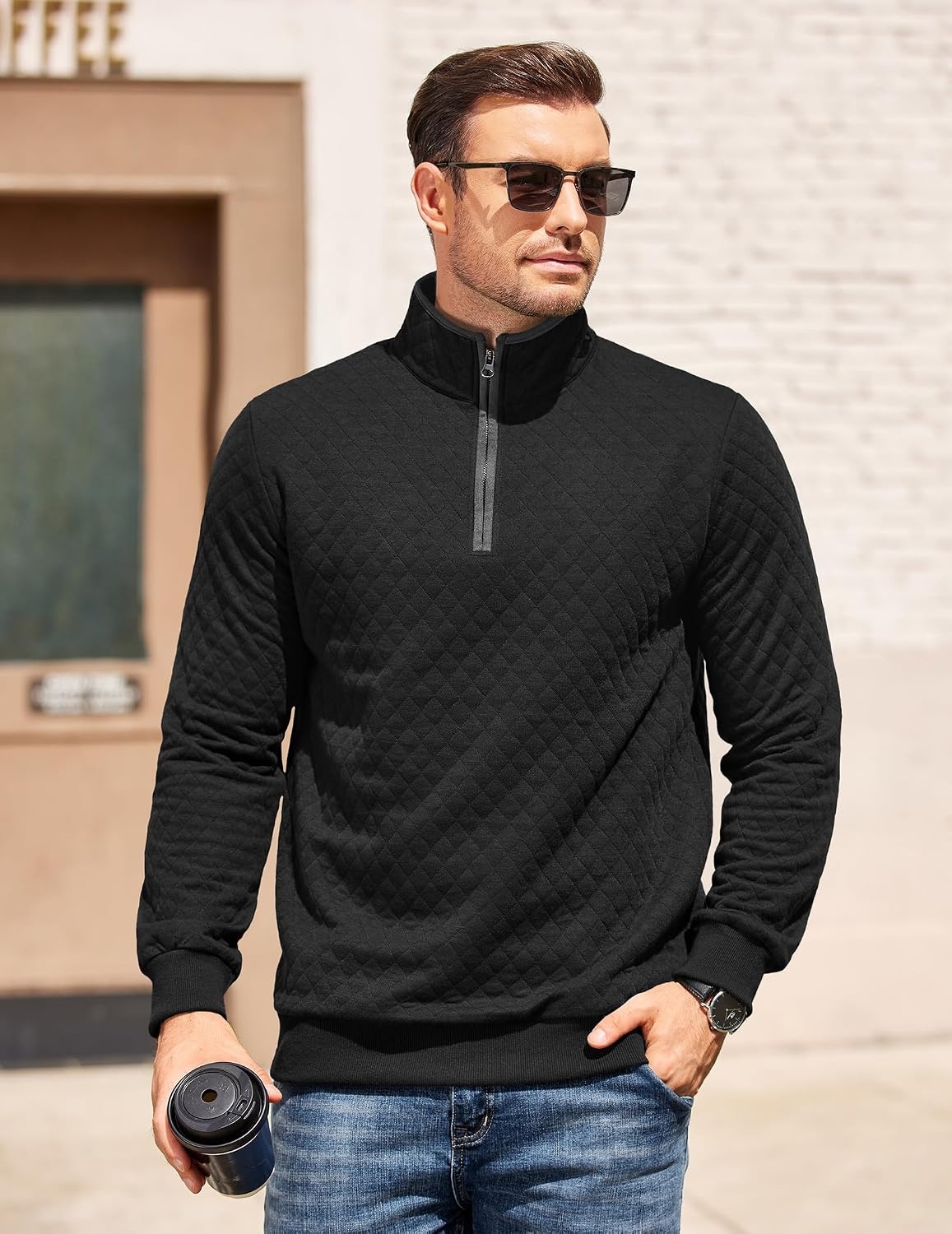 image:imageCOOFANDY Mens Quarter Zip Pullover Casual Mock Neck Quilted Sweatshirt 2026 Smooth metal zipper sweater warm without bulk long sleeve regular fit fall winterBlack 01
