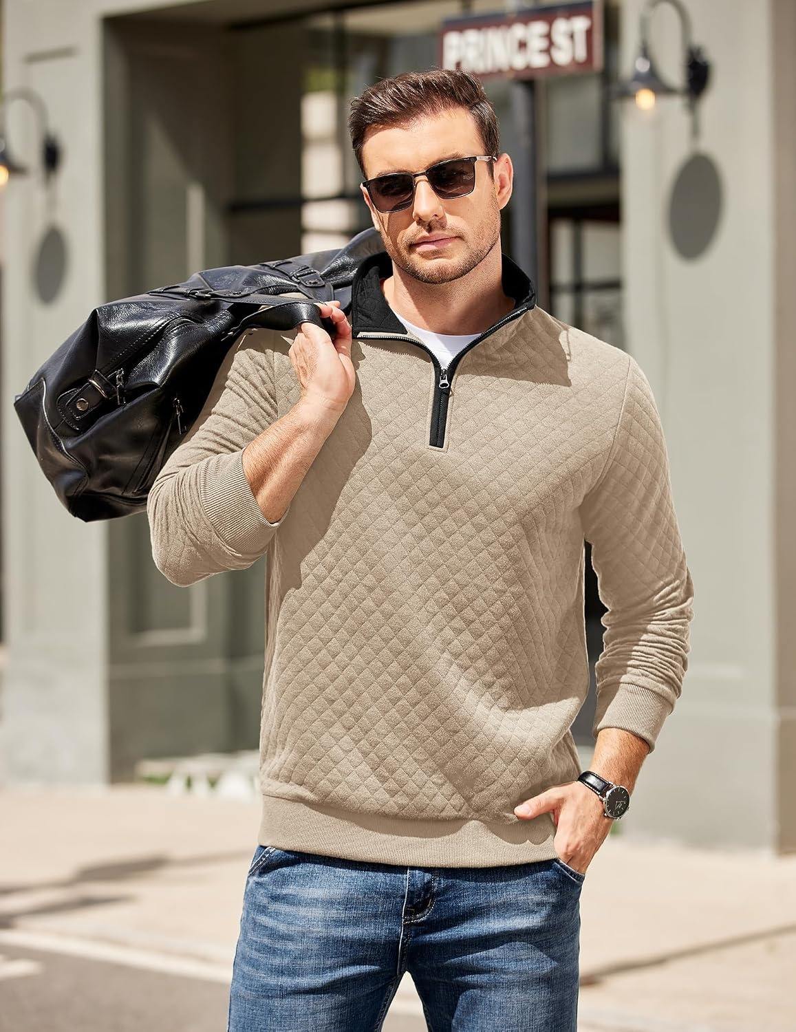 image:imageCOOFANDY Mens Quarter Zip Pullover Casual Mock Neck Quilted Sweatshirt 2026 Smooth metal zipper sweater warm without bulk long sleeve regular fit fall winterKhaki