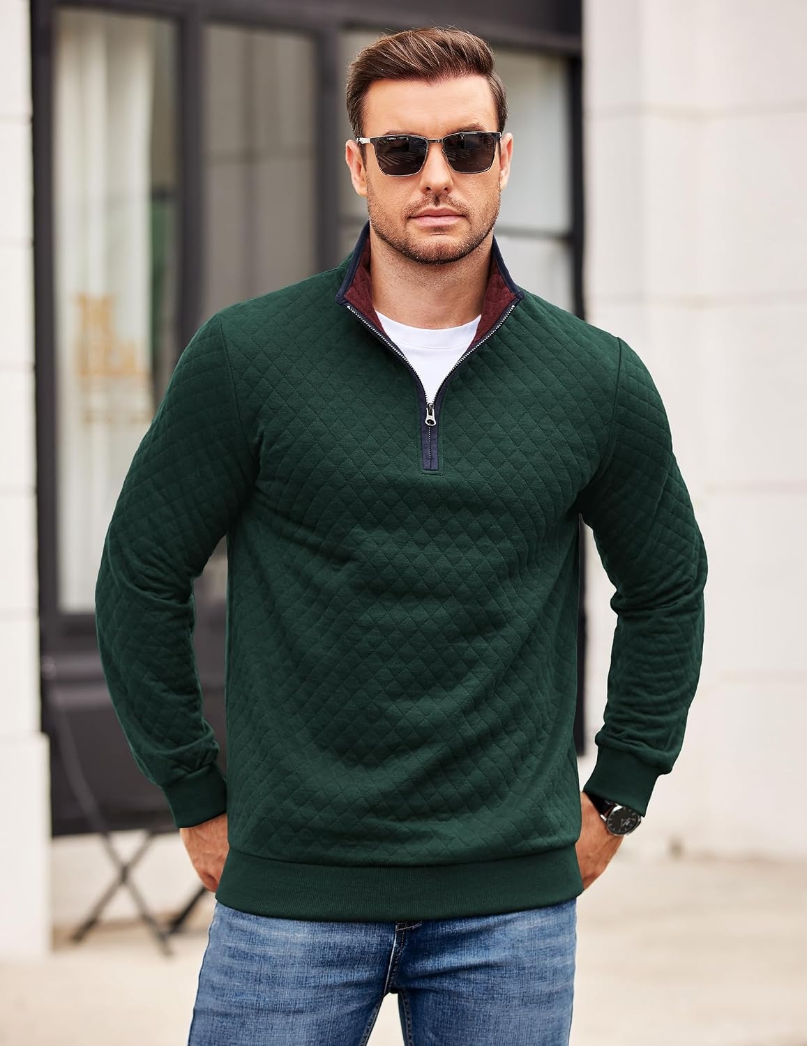 image:imageCOOFANDY Mens Quarter Zip Pullover Casual Mock Neck Quilted Sweatshirt 2026 Smooth metal zipper sweater warm without bulk long sleeve regular fit fall winterDeep Green