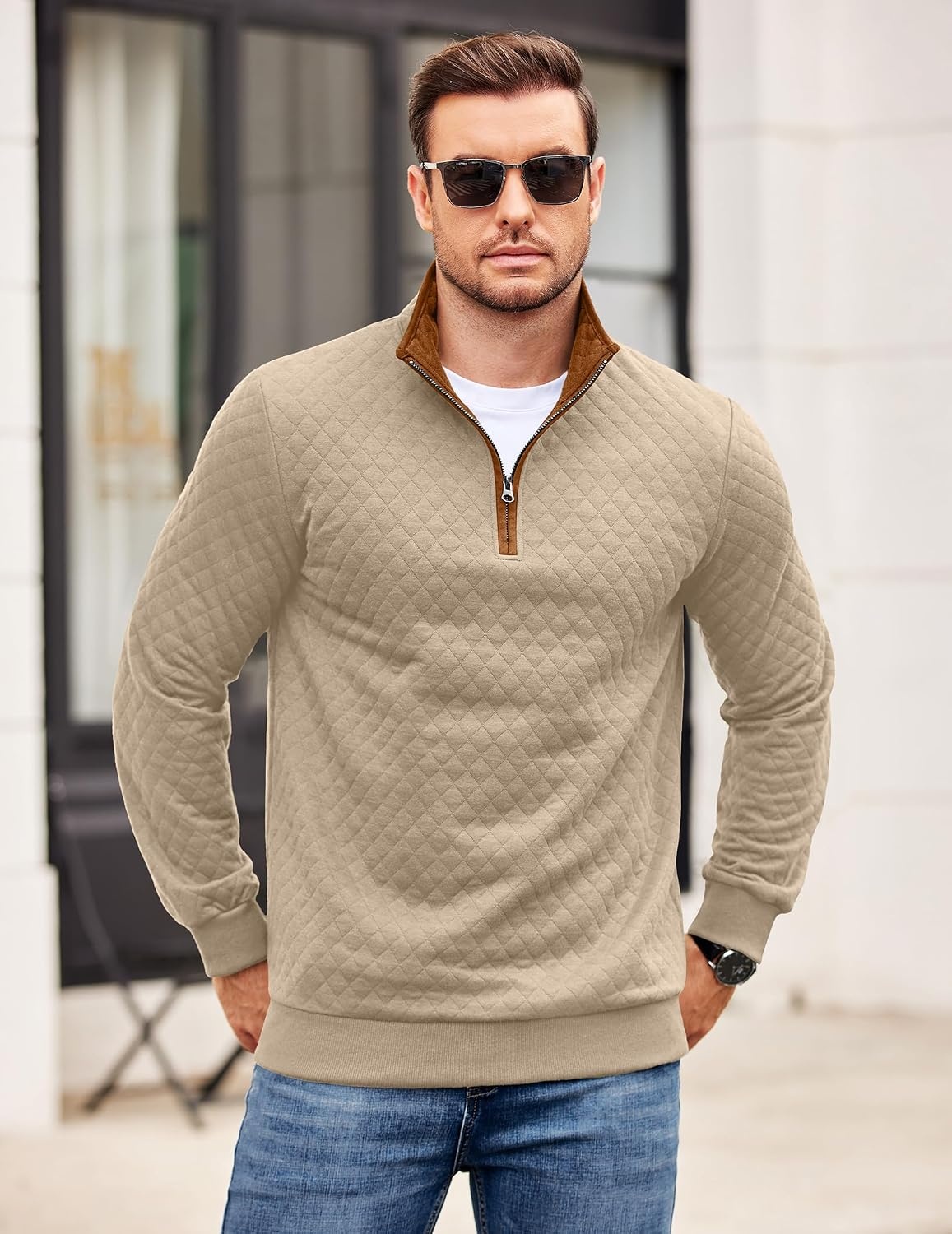 image:imageCOOFANDY Mens Quarter Zip Pullover Casual Mock Neck Quilted Sweatshirt 2026 Smooth metal zipper sweater warm without bulk long sleeve regular fit fall winterKhaki 01