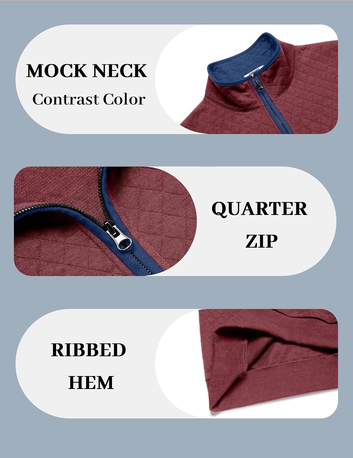 image:imageCOOFANDY Mens Quarter Zip Pullover Casual Mock Neck Quilted Sweatshirt 2026 Smooth metal zipper sweater warm without bulk long sleeve regular fit fall winterWine Red