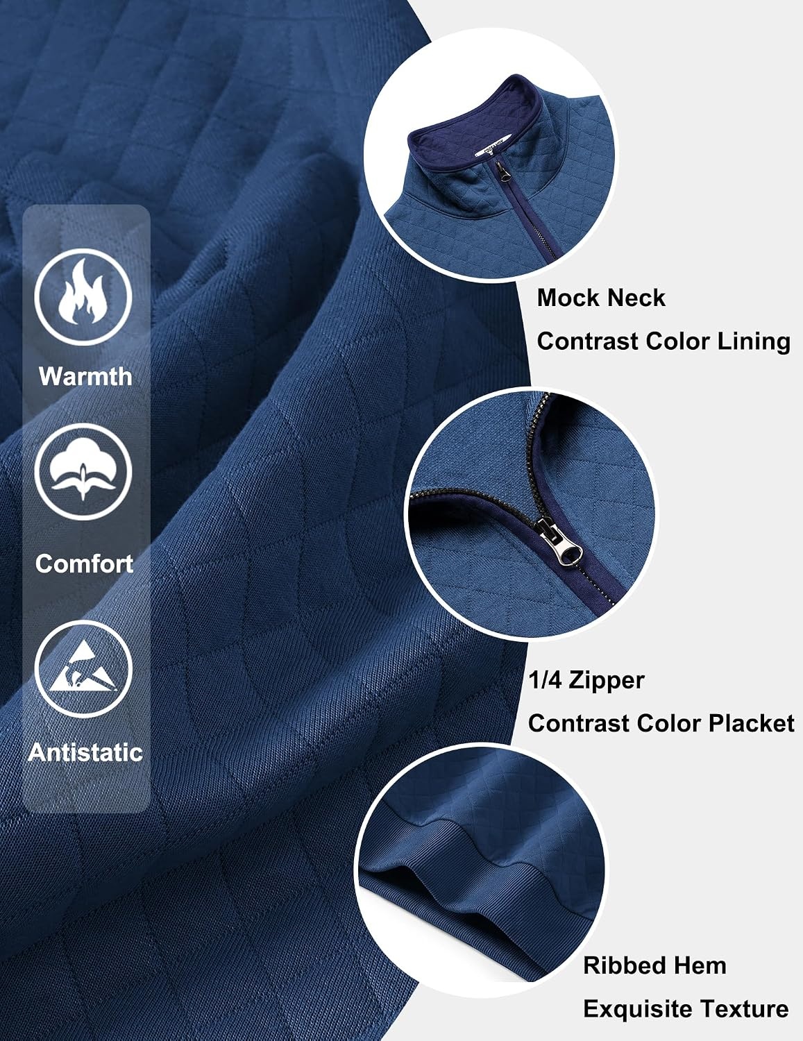 image:imageCOOFANDY Mens Quarter Zip Pullover Casual Mock Neck Quilted Sweatshirt 2026 Smooth metal zipper sweater warm without bulk long sleeve regular fit fall winterBlue