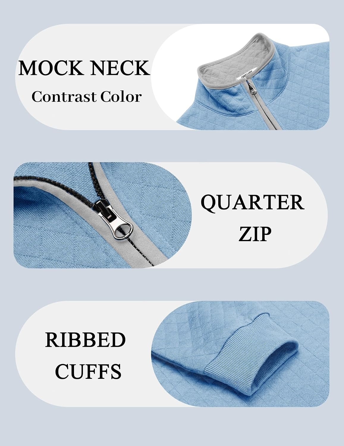 image:imageCOOFANDY Mens Quarter Zip Pullover Casual Mock Neck Quilted Sweatshirt 2026 Smooth metal zipper sweater warm without bulk long sleeve regular fit fall winterLight Blue