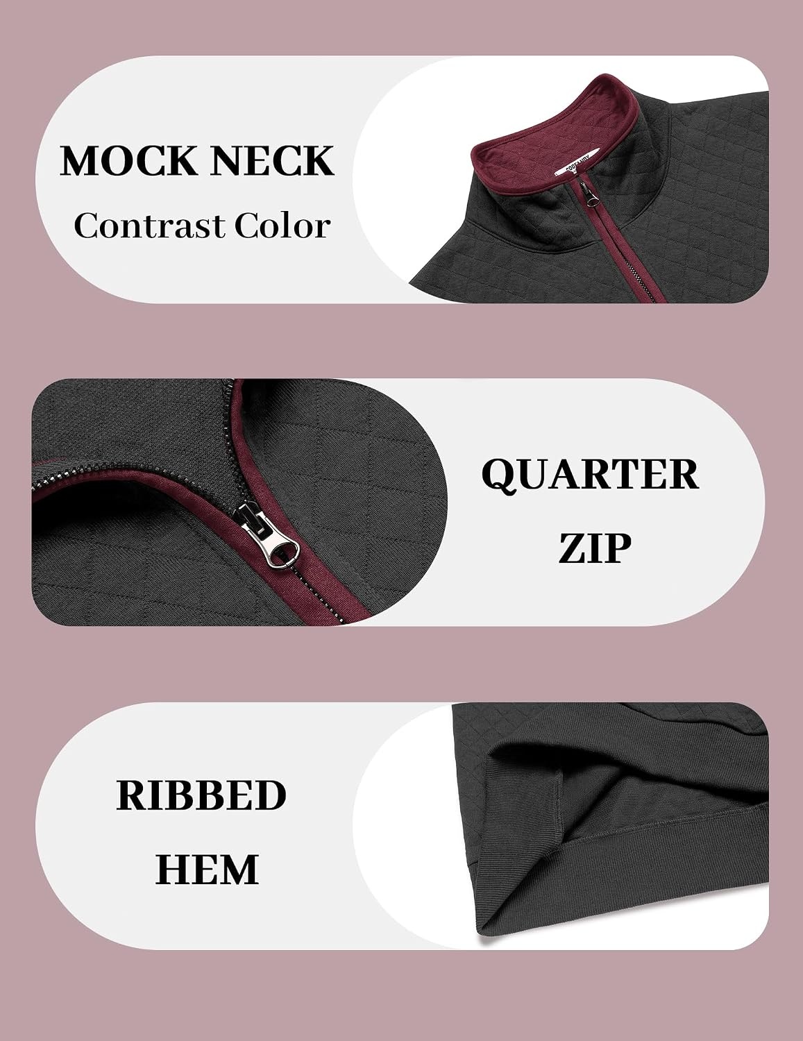 image:imageCOOFANDY Mens Quarter Zip Pullover Casual Mock Neck Quilted Sweatshirt 2026 Smooth metal zipper sweater warm without bulk long sleeve regular fit fall winterBlack