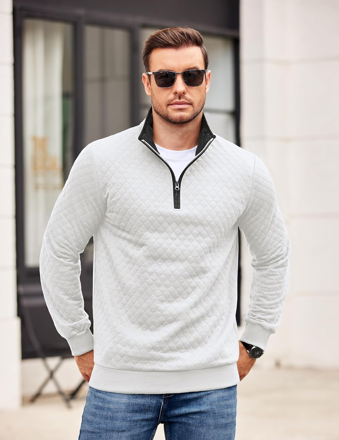 image:imageCOOFANDY Mens Quarter Zip Pullover Casual Mock Neck Quilted Sweatshirt 2026 Smooth metal zipper sweater warm without bulk long sleeve regular fit fall winterWhite 01
