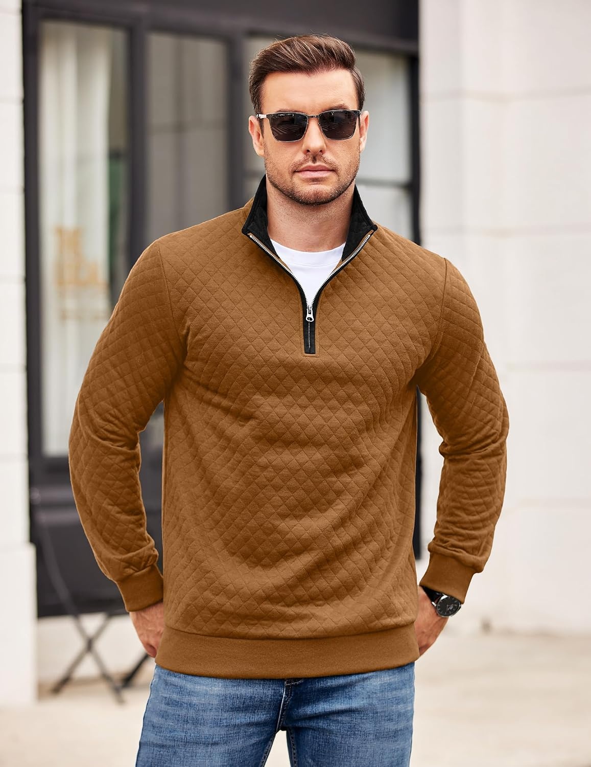 image:imageCOOFANDY Mens Quarter Zip Pullover Casual Mock Neck Quilted Sweatshirt 2026 Smooth metal zipper sweater warm without bulk long sleeve regular fit fall winterBrown