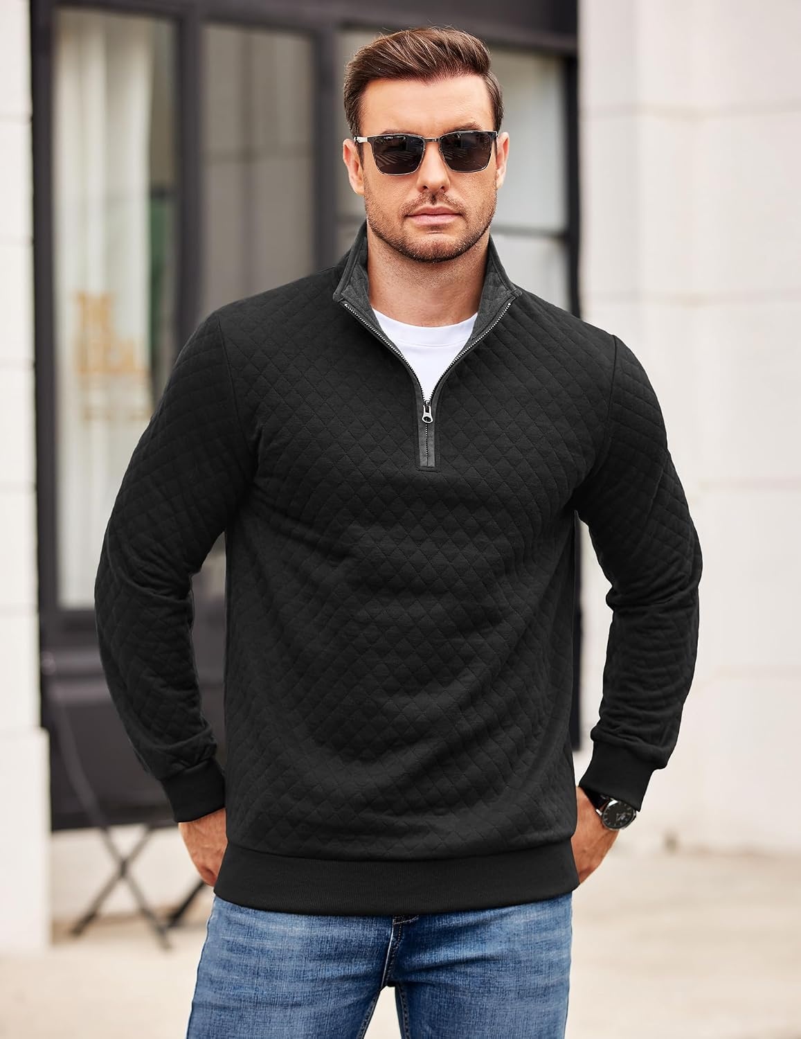 image:imageCOOFANDY Mens Quarter Zip Pullover Casual Mock Neck Quilted Sweatshirt 2026 Smooth metal zipper sweater warm without bulk long sleeve regular fit fall winterBlack 01