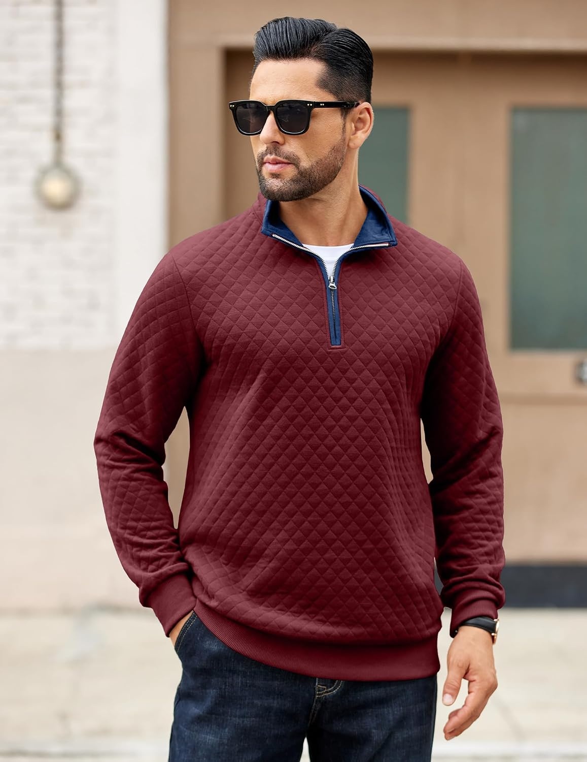 image:imageCOOFANDY Mens Quarter Zip Pullover Casual Mock Neck Quilted Sweatshirt 2026 Smooth metal zipper sweater warm without bulk long sleeve regular fit fall winterWine Red