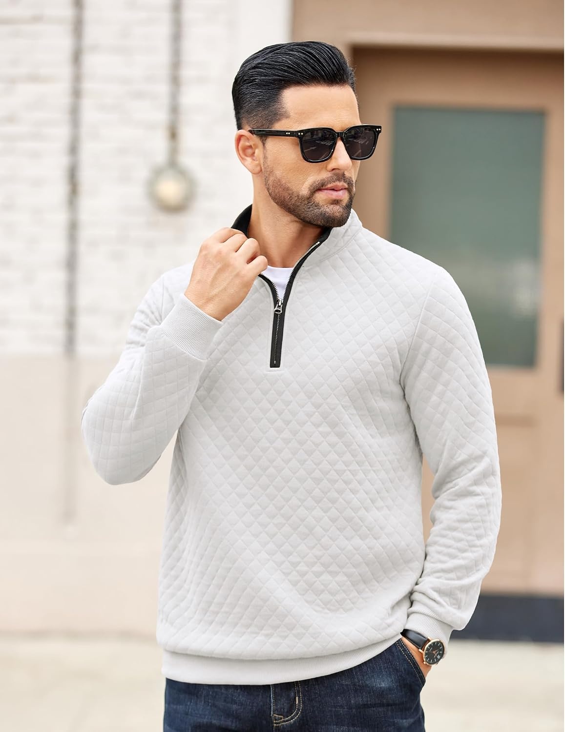 image:imageCOOFANDY Mens Quarter Zip Pullover Casual Mock Neck Quilted Sweatshirt 2026 Smooth metal zipper sweater warm without bulk long sleeve regular fit fall winterWhite 01