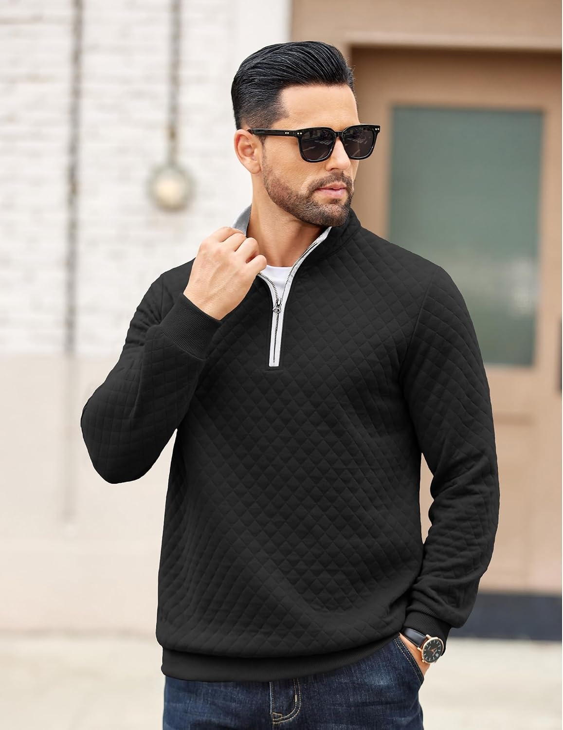 image:imageCOOFANDY Mens Quarter Zip Pullover Casual Mock Neck Quilted Sweatshirt 2026 Smooth metal zipper sweater warm without bulk long sleeve regular fit fall winterBlack 02