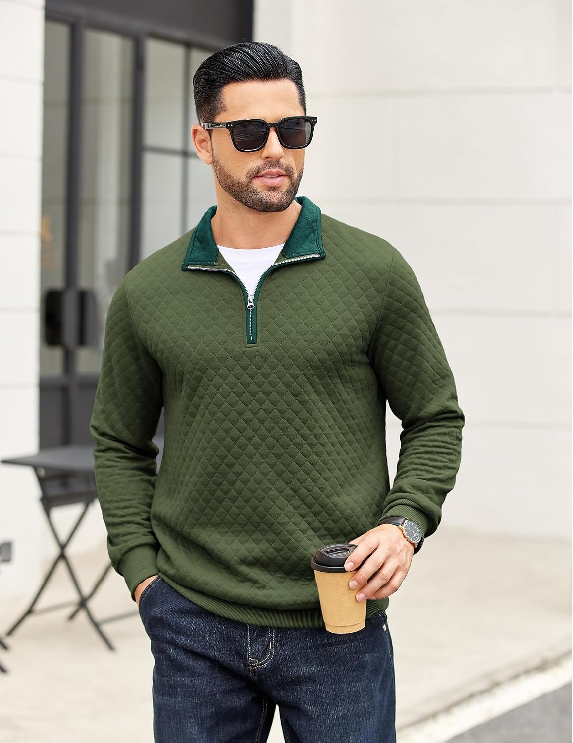 image:imageCOOFANDY Mens Quarter Zip Pullover Casual Mock Neck Quilted Sweatshirt 2026 Smooth metal zipper sweater warm without bulk long sleeve regular fit fall winterArmy Green