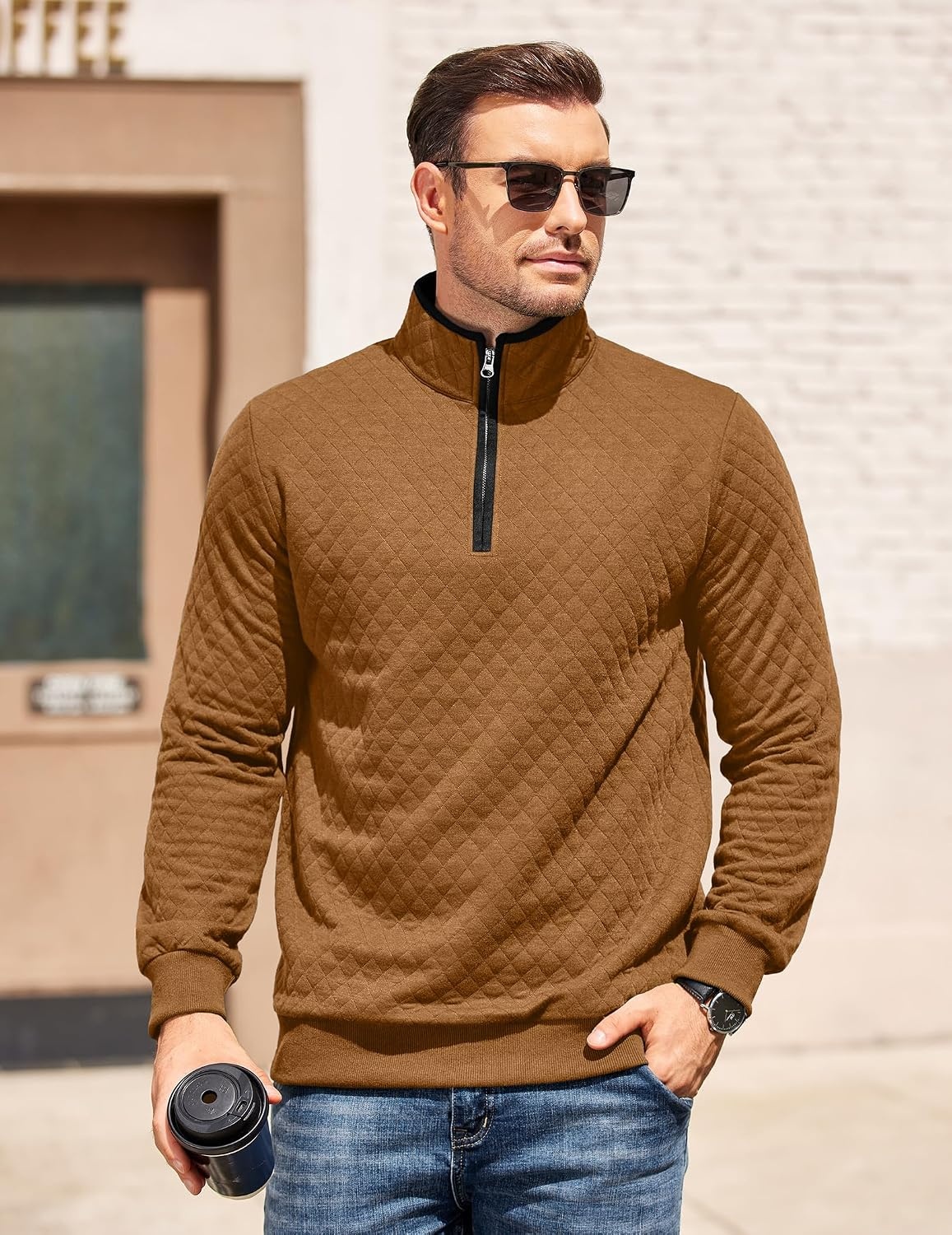image:imageCOOFANDY Mens Quarter Zip Pullover Casual Mock Neck Quilted Sweatshirt 2026 Smooth metal zipper sweater warm without bulk long sleeve regular fit fall winterBrown