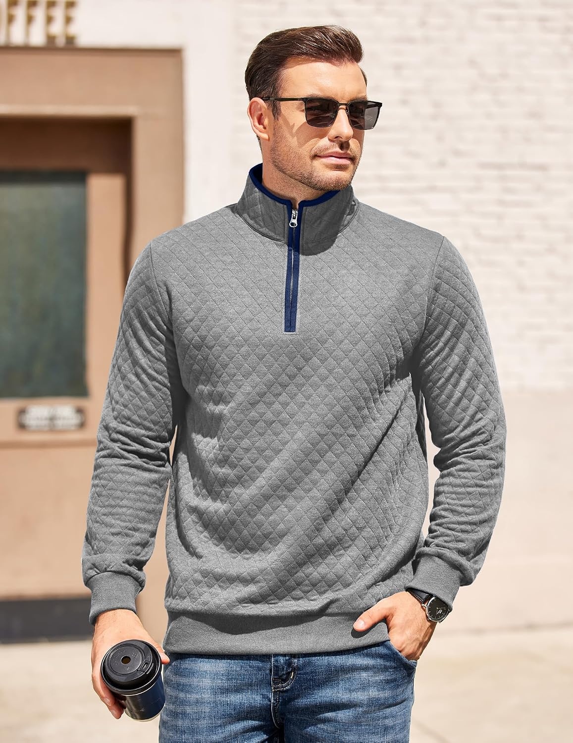 image:imageCOOFANDY Mens Quarter Zip Pullover Casual Mock Neck Quilted Sweatshirt 2026 Smooth metal zipper sweater warm without bulk long sleeve regular fit fall winterLight Gray