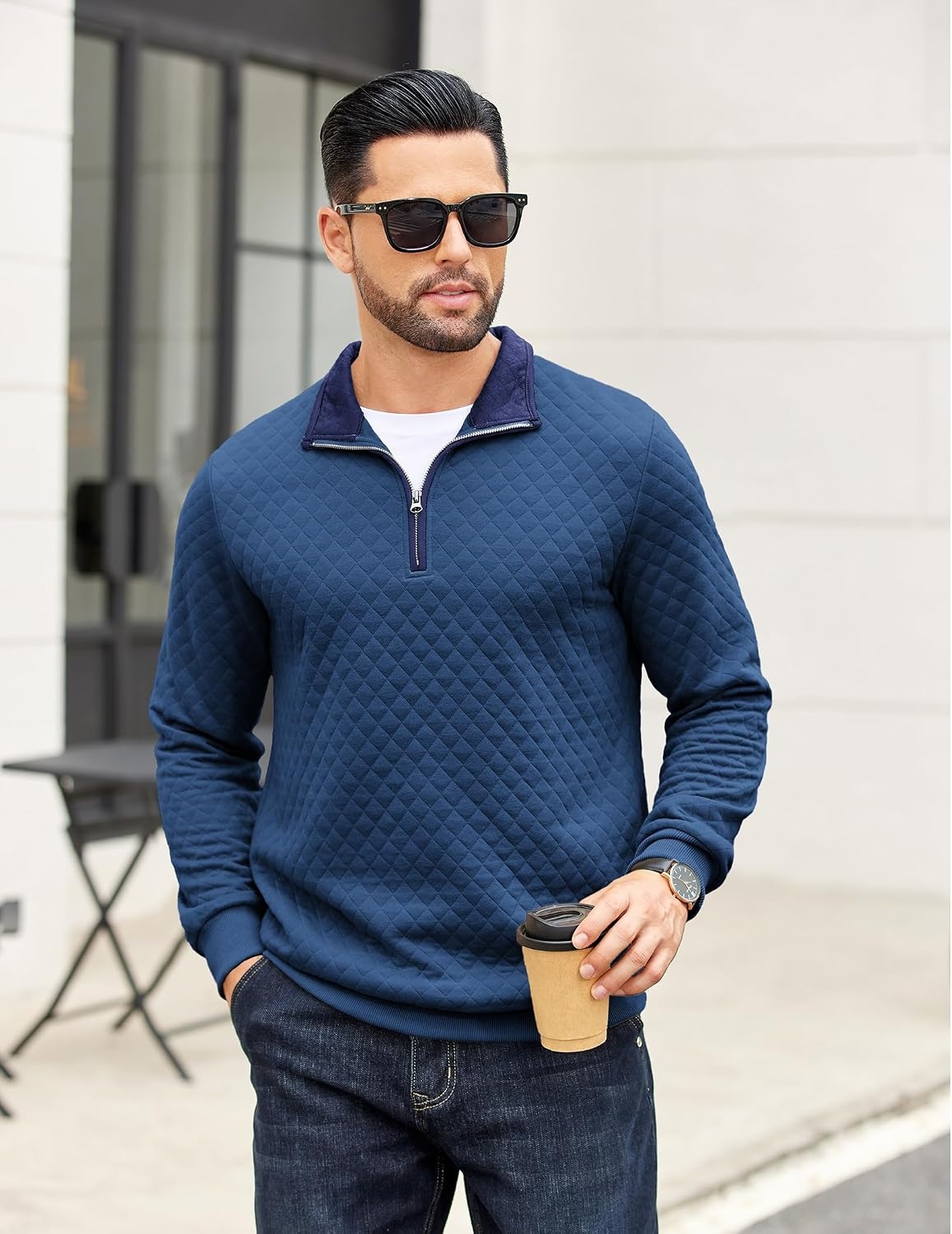 image:imageCOOFANDY Mens Quarter Zip Pullover Casual Mock Neck Quilted Sweatshirt 2026 Smooth metal zipper sweater warm without bulk long sleeve regular fit fall winterBlue