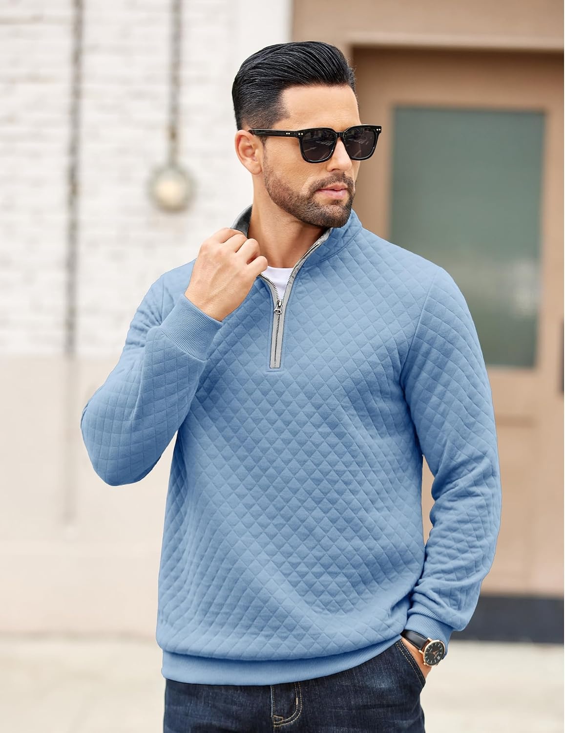 image:imageCOOFANDY Mens Quarter Zip Pullover Casual Mock Neck Quilted Sweatshirt 2026 Smooth metal zipper sweater warm without bulk long sleeve regular fit fall winterLight Blue