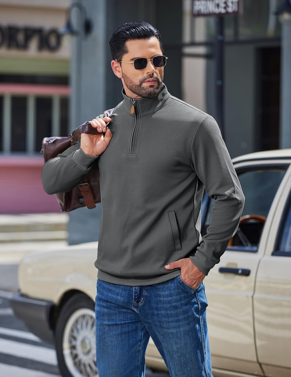 image:imageCOOFANDY Mens Quarter Zip Pullover Sweatshirts Casual Mock Neck Sweater Colorblocked Collar Long Sleeve Warm Pullover Quilted Twill Textured Fall Winter Fashion 2026 Loose Fit Two Side PocketsDark Gray