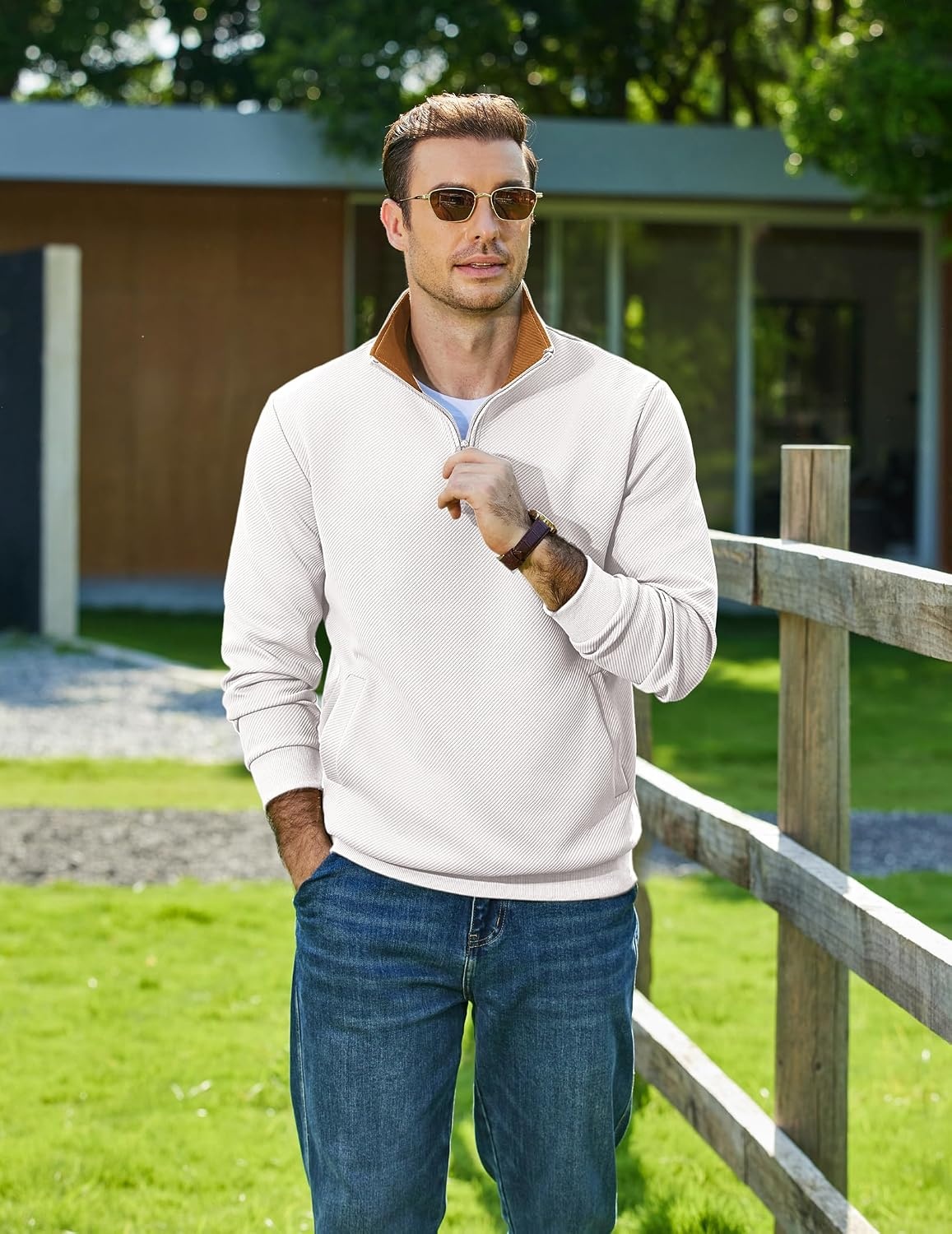 image:imageCOOFANDY Mens Quarter Zip Pullover Sweatshirts Casual Mock Neck Sweater Colorblocked Collar Long Sleeve Warm Pullover Quilted Twill Textured Fall Winter Fashion 2026 Loose Fit Two Side PocketsWhite