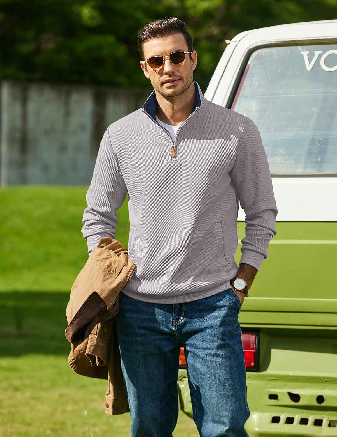image:imageCOOFANDY Mens Quarter Zip Pullover Sweatshirts Casual Mock Neck Sweater Colorblocked Collar Long Sleeve Warm Pullover Quilted Twill Textured Fall Winter Fashion 2026 Loose Fit Two Side PocketsLight Gray