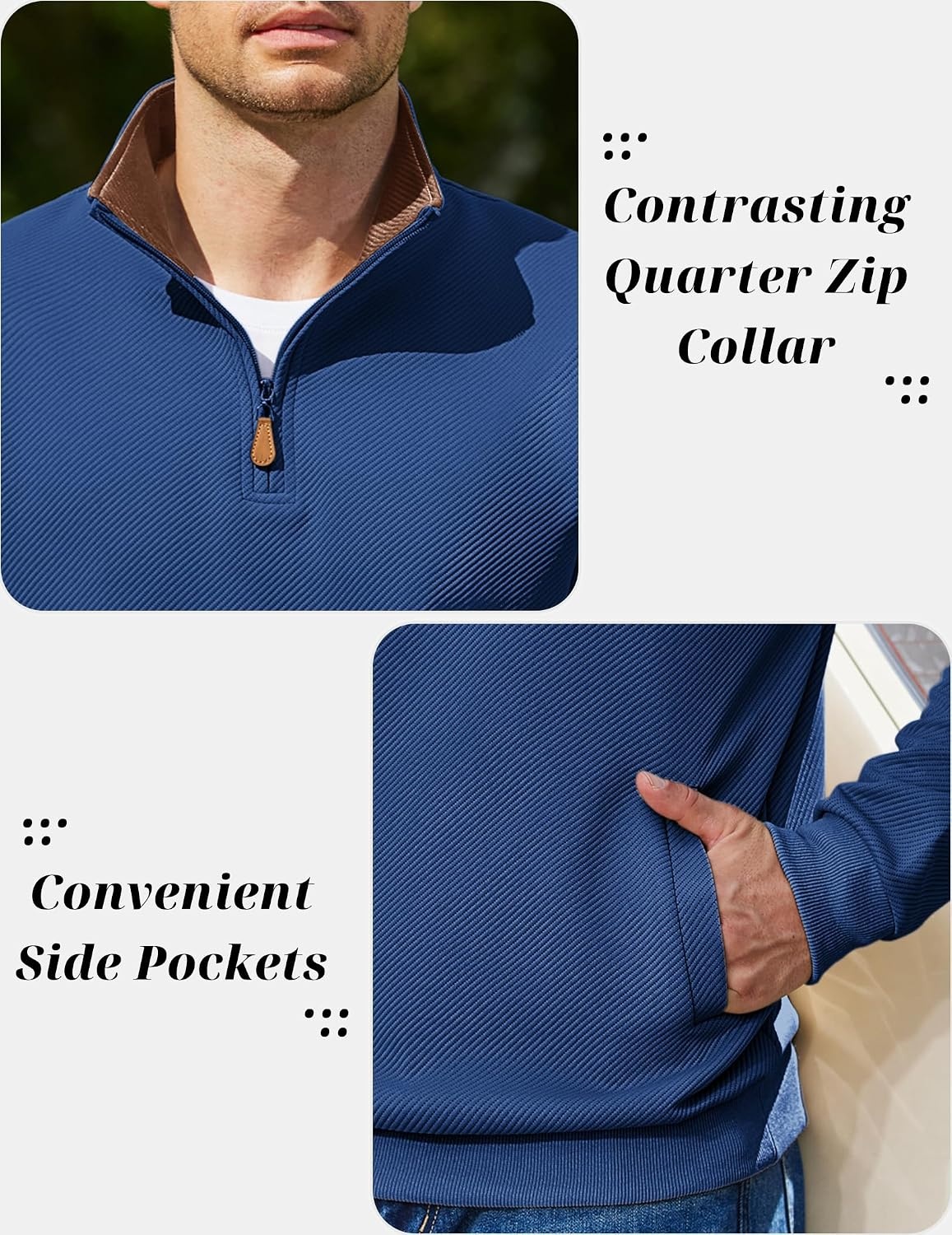 image:imageCOOFANDY Mens Quarter Zip Pullover Sweatshirts Casual Mock Neck Sweater Colorblocked Collar Long Sleeve Warm Pullover Quilted Twill Textured Fall Winter Fashion 2026 Loose Fit Two Side PocketsDark Blue