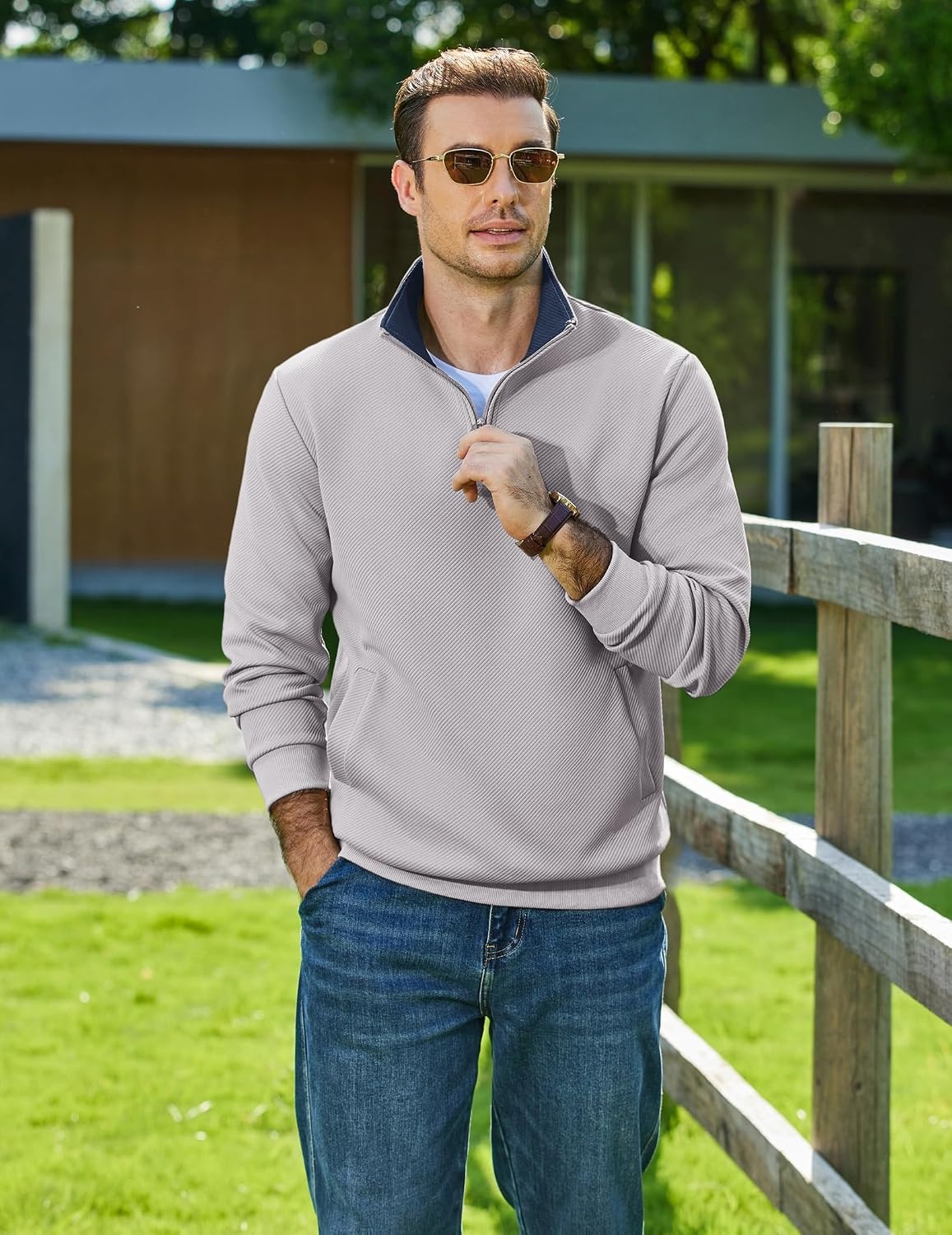 image:imageCOOFANDY Mens Quarter Zip Pullover Sweatshirts Casual Mock Neck Sweater Colorblocked Collar Long Sleeve Warm Pullover Quilted Twill Textured Fall Winter Fashion 2026 Loose Fit Two Side PocketsLight Gray