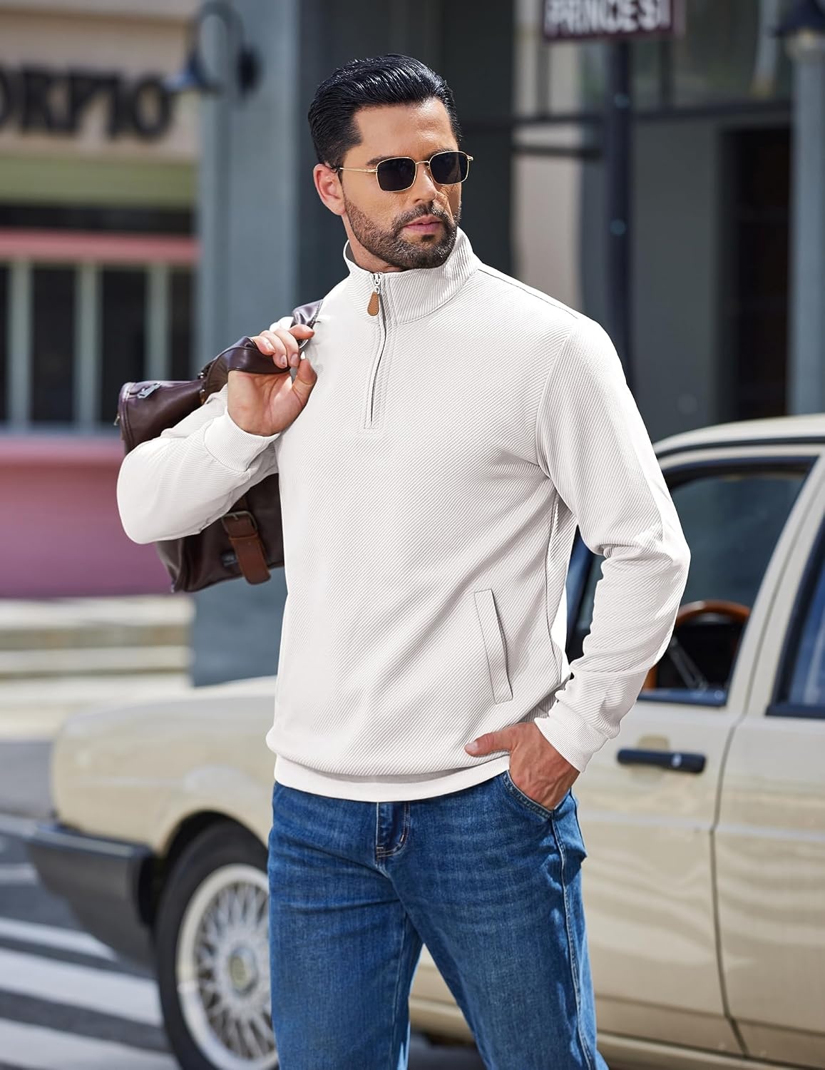 image:imageCOOFANDY Mens Quarter Zip Pullover Sweatshirts Casual Mock Neck Sweater Colorblocked Collar Long Sleeve Warm Pullover Quilted Twill Textured Fall Winter Fashion 2026 Loose Fit Two Side PocketsWhite