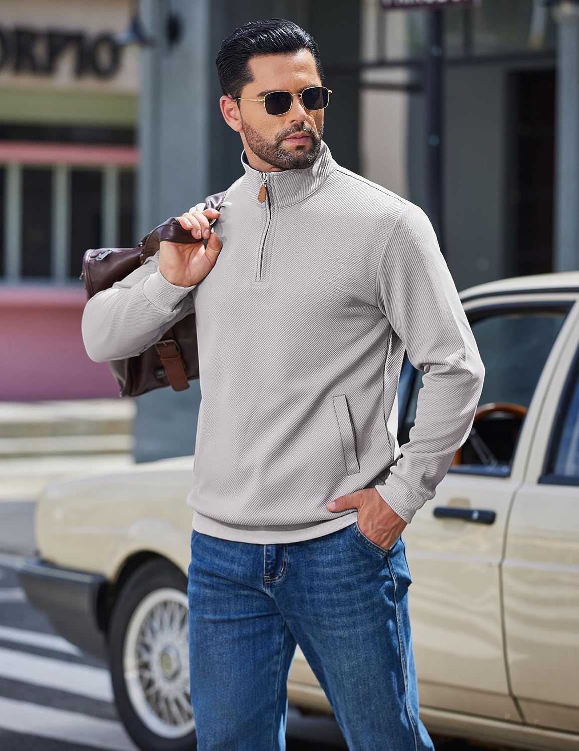 image:imageCOOFANDY Mens Quarter Zip Pullover Sweatshirts Casual Mock Neck Sweater Colorblocked Collar Long Sleeve Warm Pullover Quilted Twill Textured Fall Winter Fashion 2026 Loose Fit Two Side PocketsLight Gray