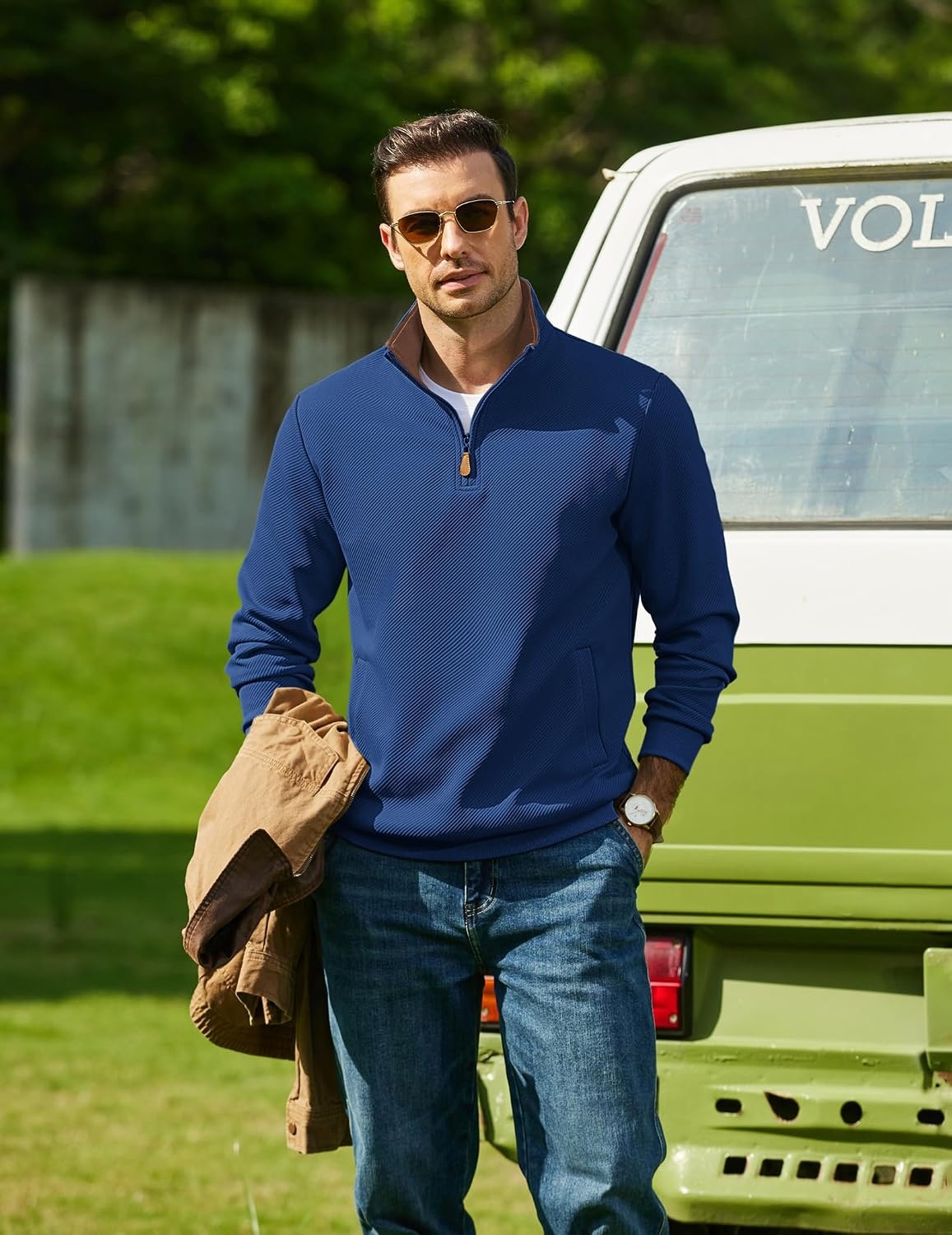 image:imageCOOFANDY Mens Quarter Zip Pullover Sweatshirts Casual Mock Neck Sweater Colorblocked Collar Long Sleeve Warm Pullover Quilted Twill Textured Fall Winter Fashion 2026 Loose Fit Two Side PocketsDark Blue