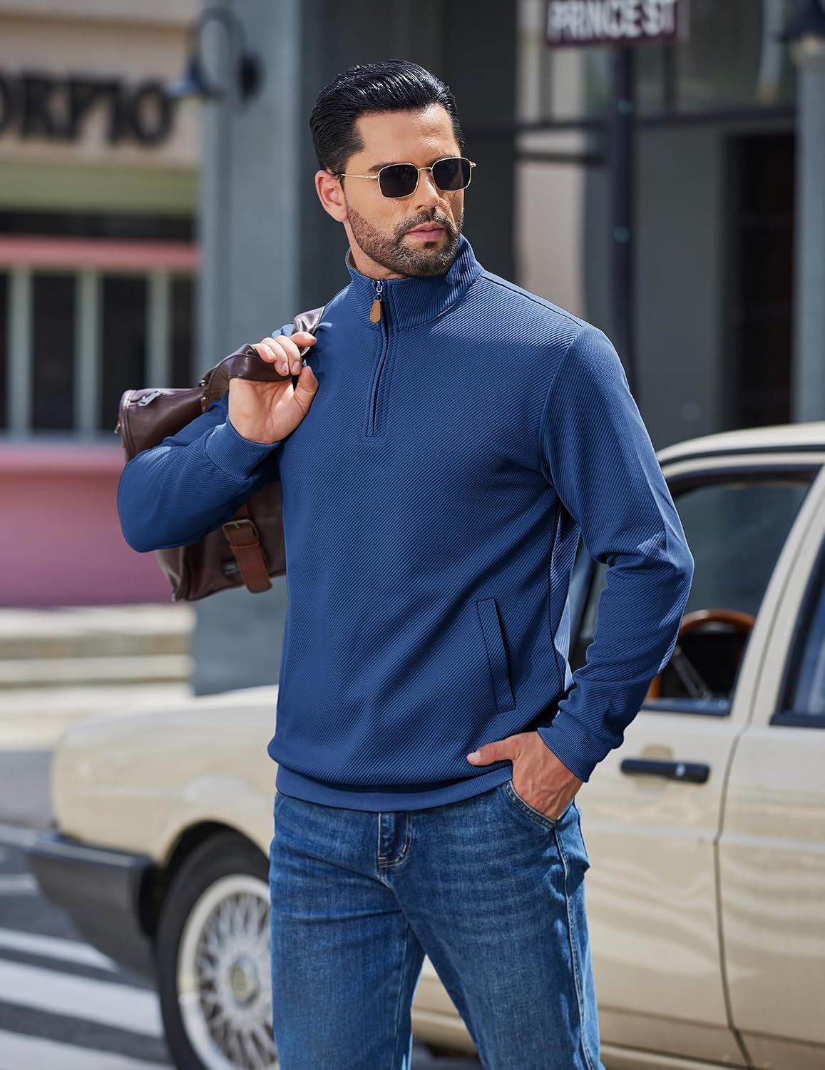 image:imageCOOFANDY Mens Quarter Zip Pullover Sweatshirts Casual Mock Neck Sweater Colorblocked Collar Long Sleeve Warm Pullover Quilted Twill Textured Fall Winter Fashion 2026 Loose Fit Two Side PocketsDark Blue