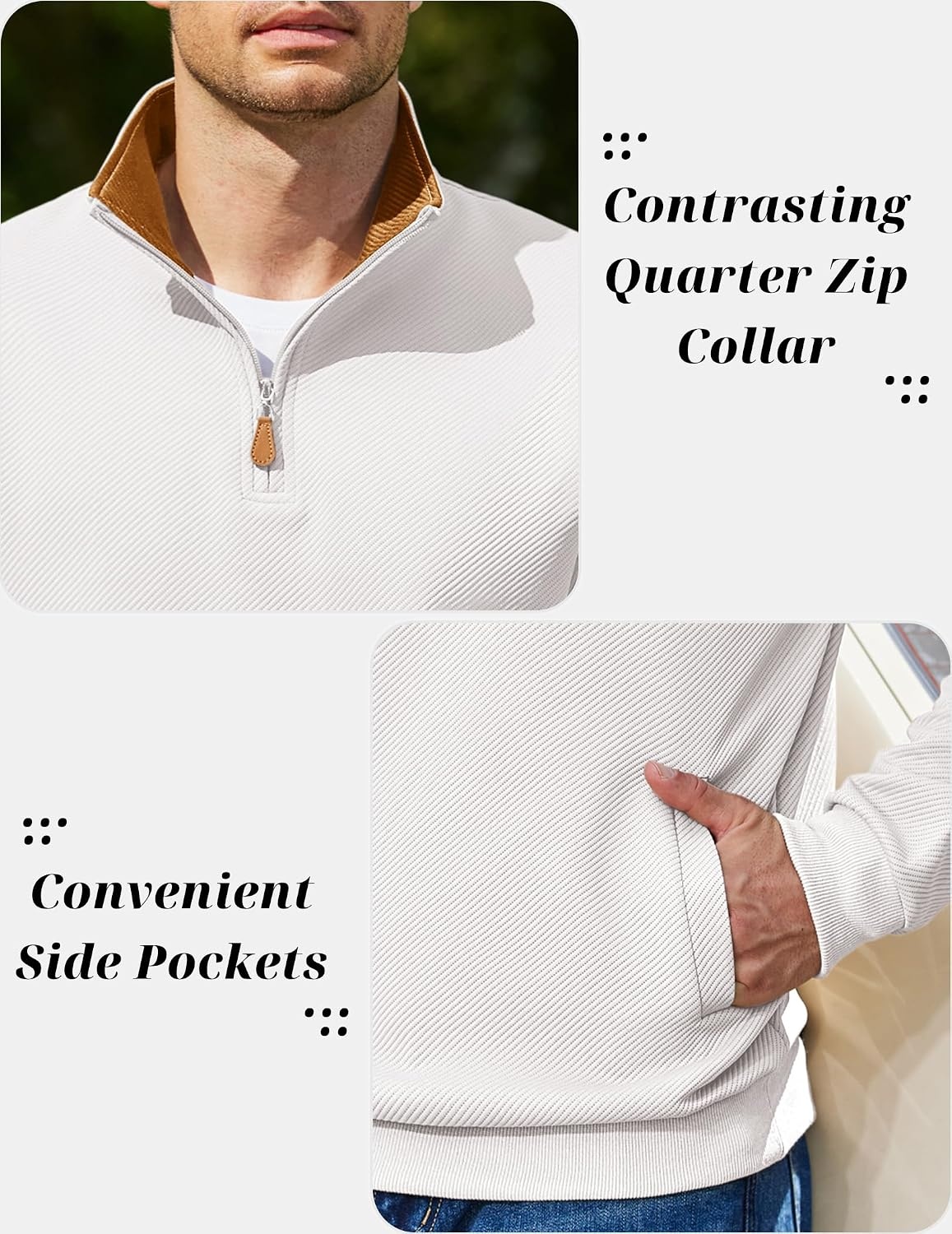 image:imageCOOFANDY Mens Quarter Zip Pullover Sweatshirts Casual Mock Neck Sweater Colorblocked Collar Long Sleeve Warm Pullover Quilted Twill Textured Fall Winter Fashion 2026 Loose Fit Two Side PocketsWhite