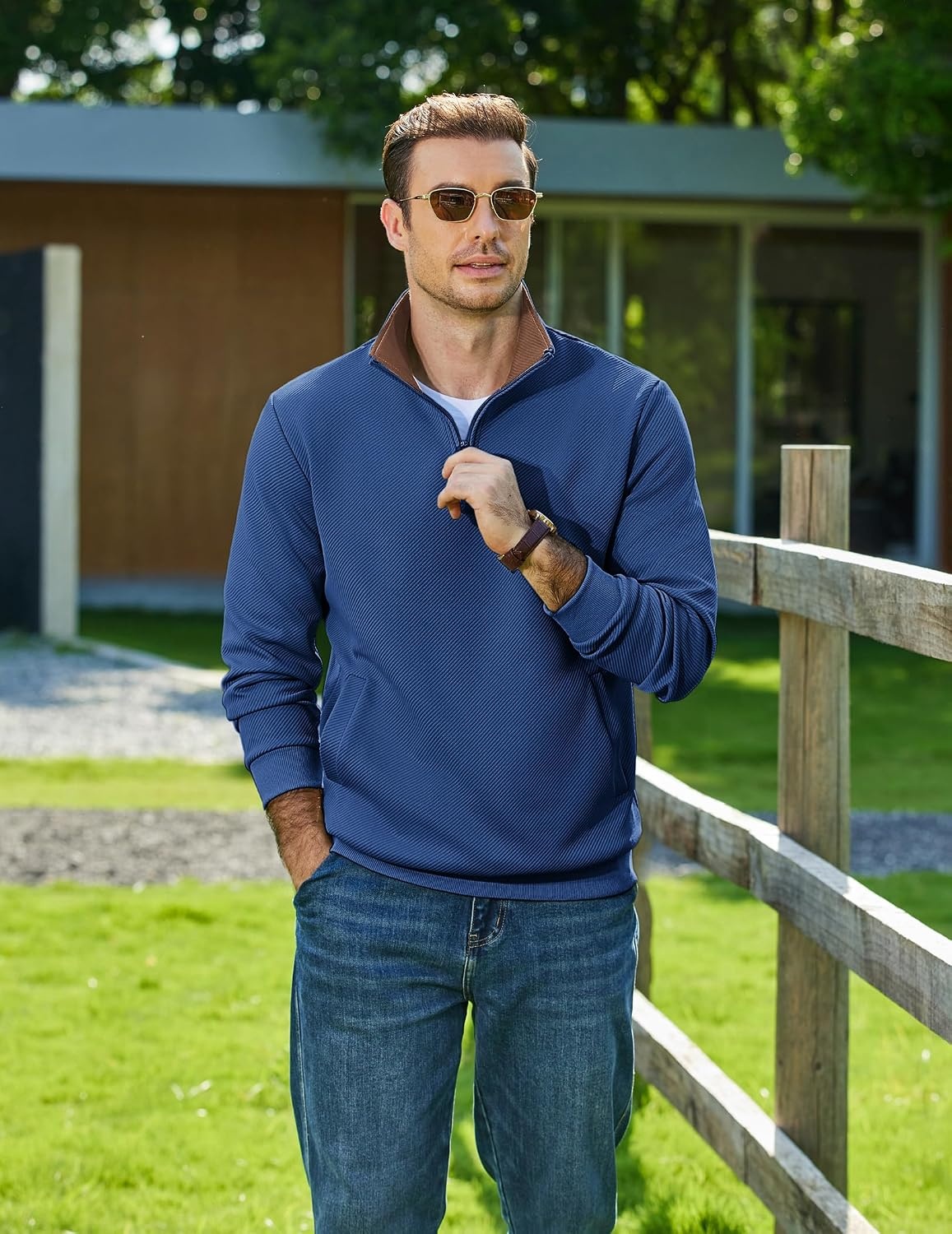 image:imageCOOFANDY Mens Quarter Zip Pullover Sweatshirts Casual Mock Neck Sweater Colorblocked Collar Long Sleeve Warm Pullover Quilted Twill Textured Fall Winter Fashion 2026 Loose Fit Two Side PocketsDark Blue
