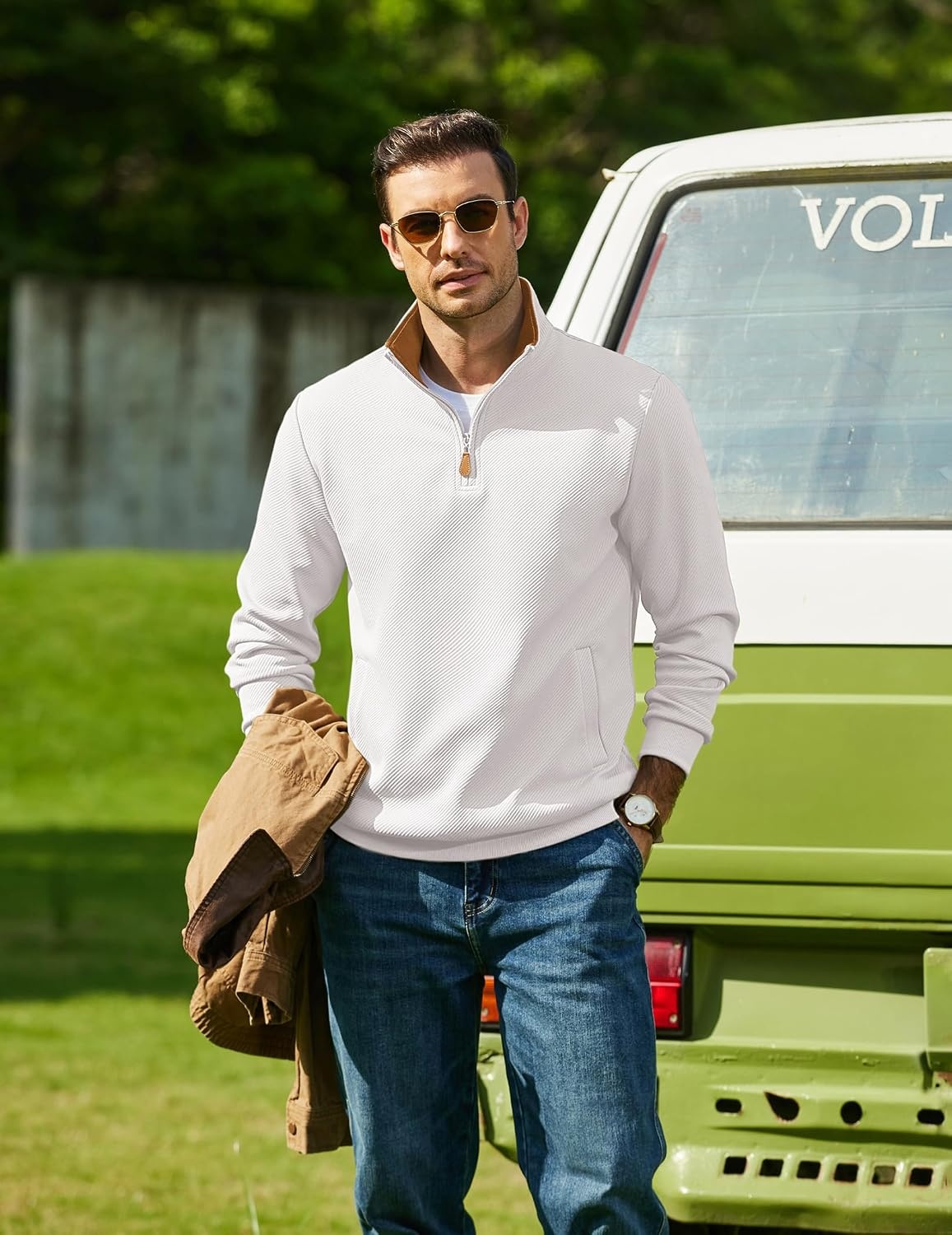 image:imageCOOFANDY Mens Quarter Zip Pullover Sweatshirts Casual Mock Neck Sweater Colorblocked Collar Long Sleeve Warm Pullover Quilted Twill Textured Fall Winter Fashion 2026 Loose Fit Two Side PocketsWhite