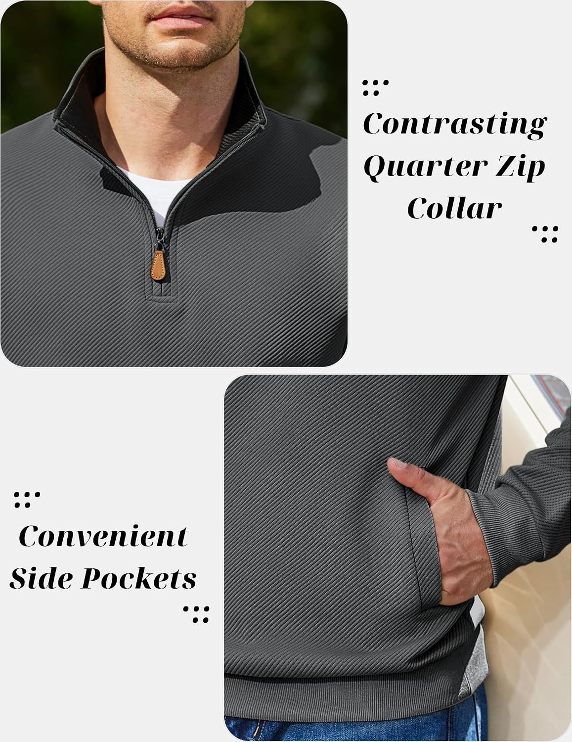 image:imageCOOFANDY Mens Quarter Zip Pullover Sweatshirts Casual Mock Neck Sweater Colorblocked Collar Long Sleeve Warm Pullover Quilted Twill Textured Fall Winter Fashion 2026 Loose Fit Two Side PocketsDark Gray