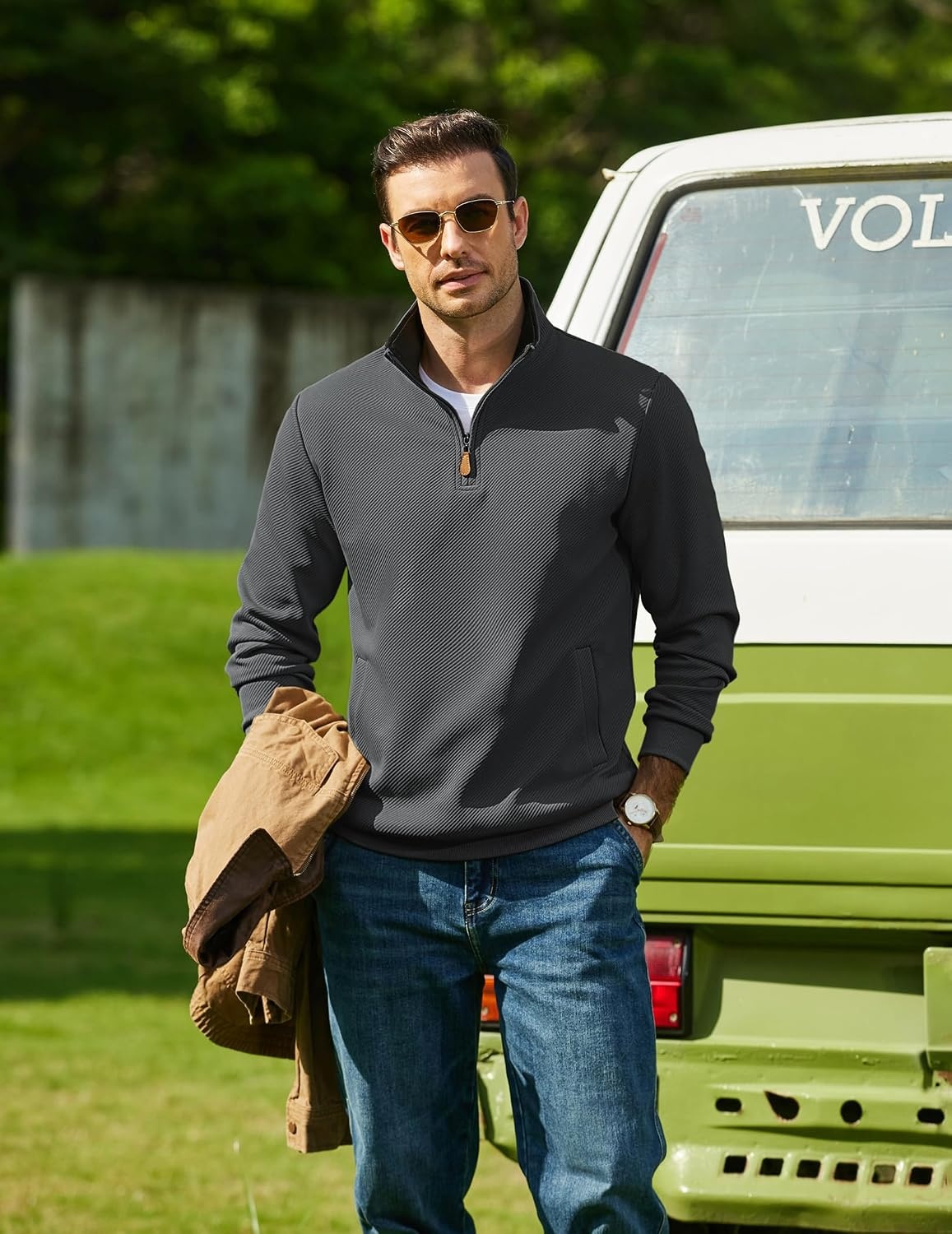 image:imageCOOFANDY Mens Quarter Zip Pullover Sweatshirts Casual Mock Neck Sweater Colorblocked Collar Long Sleeve Warm Pullover Quilted Twill Textured Fall Winter Fashion 2026 Loose Fit Two Side PocketsDark Gray