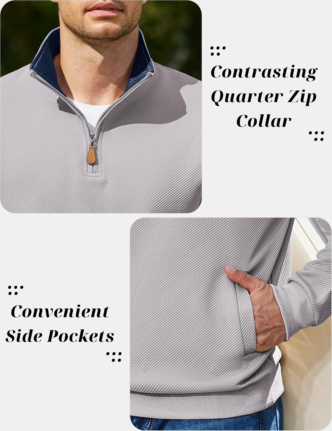 image:imageCOOFANDY Mens Quarter Zip Pullover Sweatshirts Casual Mock Neck Sweater Colorblocked Collar Long Sleeve Warm Pullover Quilted Twill Textured Fall Winter Fashion 2026 Loose Fit Two Side PocketsLight Gray