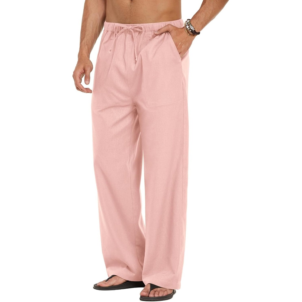 image:imageCOOFANDY Men Linen Pants Casual Elastic Waist Drawstring Pants Summer Beach Lightweight Breathable Cotton Linen Trousers Loose Fit with Pockets Wide Leg Vacation Yoga Lounge Wedding DressA Pink