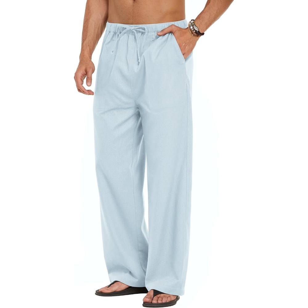 image:imageCOOFANDY Men Linen Pants Casual Elastic Waist Drawstring Pants Summer Beach Lightweight Breathable Cotton Linen Trousers Loose Fit with Pockets Wide Leg Vacation Yoga Lounge Wedding DressA Sky Blue