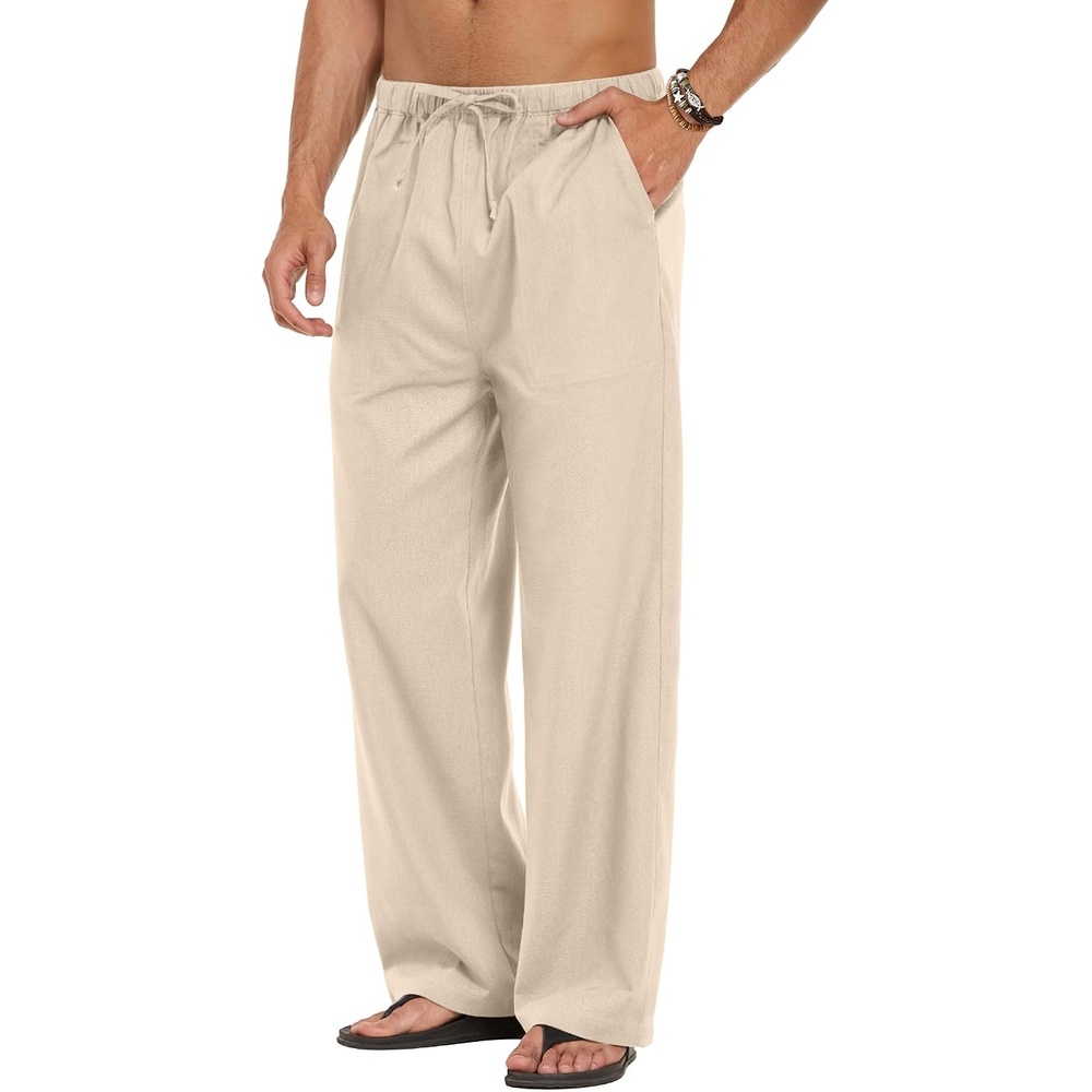image:imageCOOFANDY Men Linen Pants Casual Elastic Waist Drawstring Pants Summer Beach Lightweight Breathable Cotton Linen Trousers Loose Fit with Pockets Wide Leg Vacation Yoga Lounge Wedding DressA Medium Khaki
