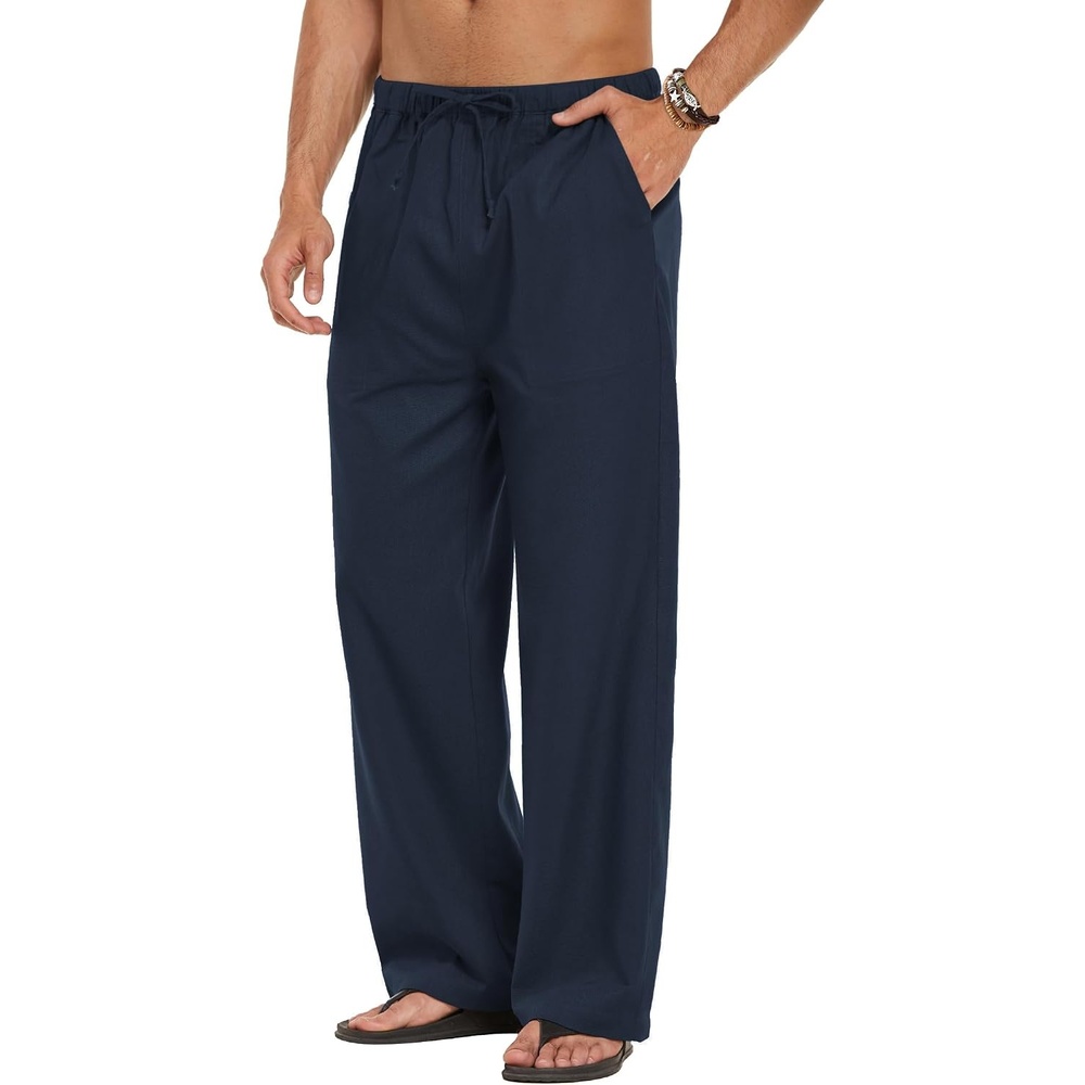 image:imageCOOFANDY Men Linen Pants Casual Elastic Waist Drawstring Pants Summer Beach Lightweight Breathable Cotton Linen Trousers Loose Fit with Pockets Wide Leg Vacation Yoga Lounge Wedding DressA Navy Blue