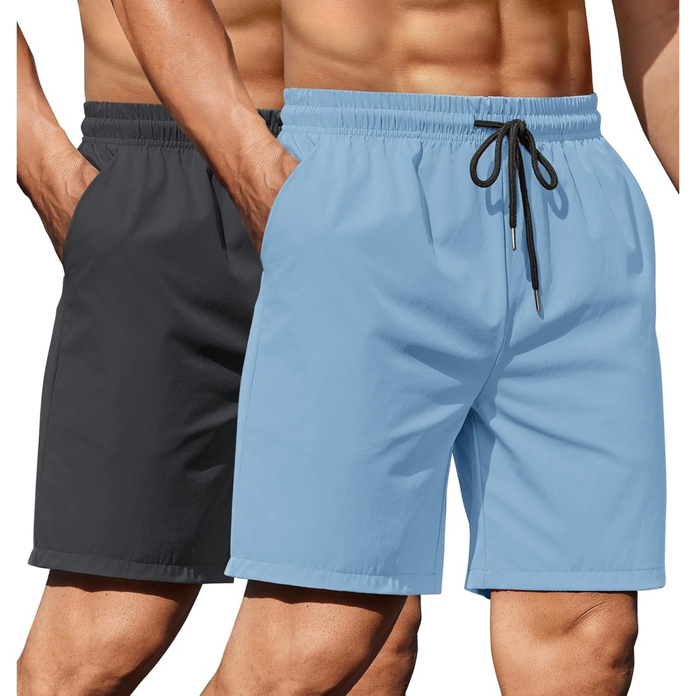 image:imageCOOFANDY Mens 2 Pack Gym Workout Shorts 7 Inch Athletic Shorts Quick Dry Running Shorts with PocketsDark GreyLight Blue