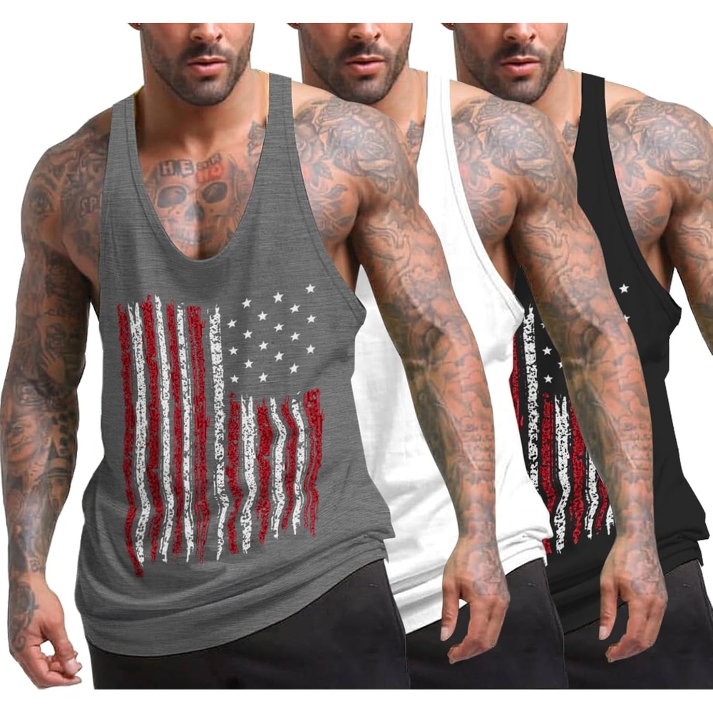 image:imageCOOFANDY Mens 3 Pack Tank Tops Gym Workout YBack Sleeveless Muscle Shirts Bodybuilding Loose Y Back Tank Top Quicky Dry Oversized String Sleeveless Shirtsfor FitnessCasualRunningWeight LiftingFlagblackFlaggrayWhite