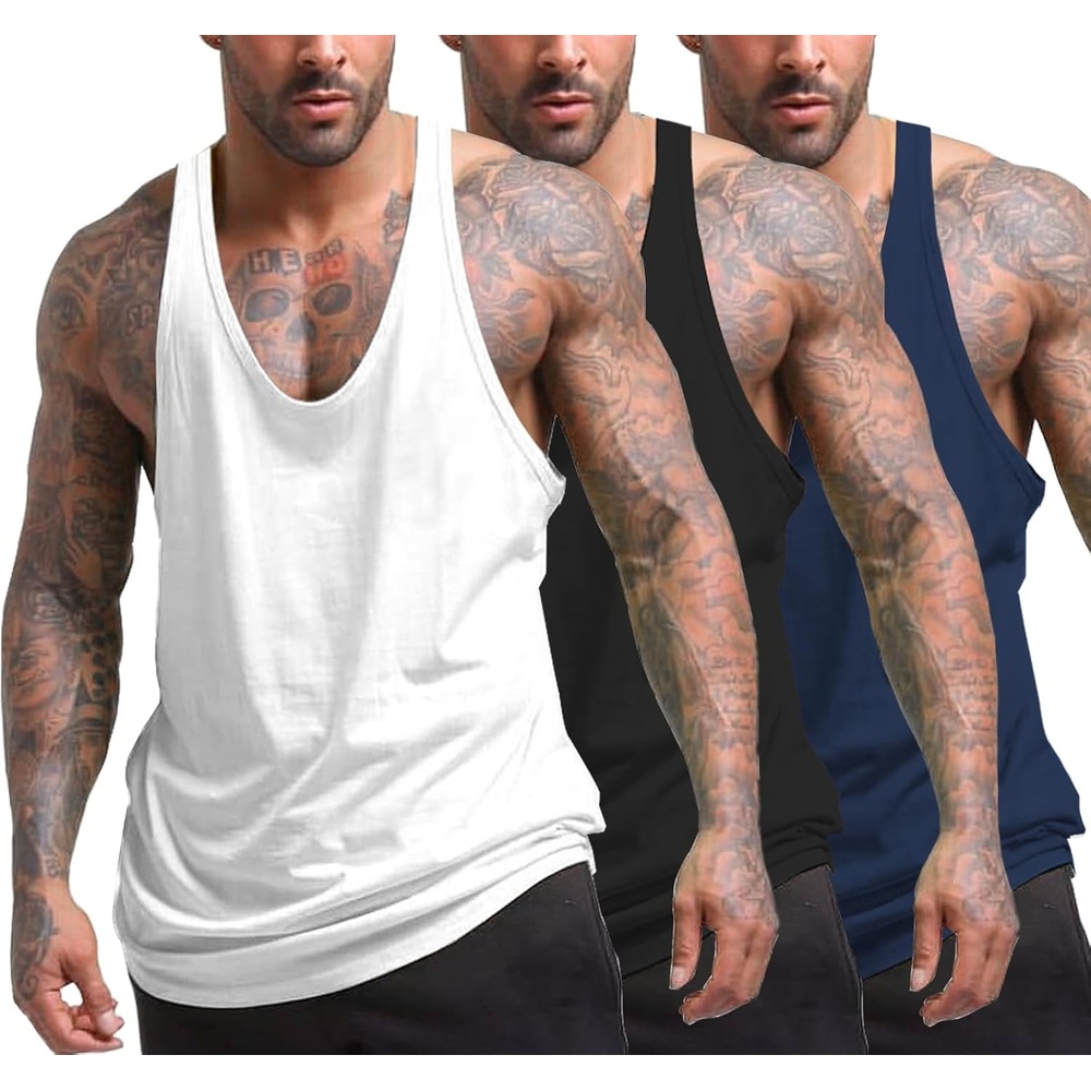 image:imageCOOFANDY Mens 3 Pack Tank Tops Gym Workout YBack Sleeveless Muscle Shirts Bodybuilding Loose Y Back Tank Top Quicky Dry Oversized String Sleeveless Shirtsfor FitnessCasualRunningWeight LiftingBlackWhiteNavy Blue