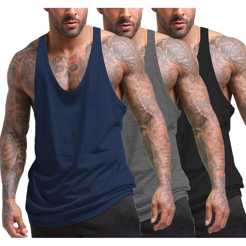 image:imageCOOFANDY Mens 3 Pack Tank Tops Gym Workout YBack Sleeveless Muscle Shirts Bodybuilding Loose Y Back Tank Top Quicky Dry Oversized String Sleeveless Shirtsfor FitnessCasualRunningWeight LiftingBlackNavyMedium Gray