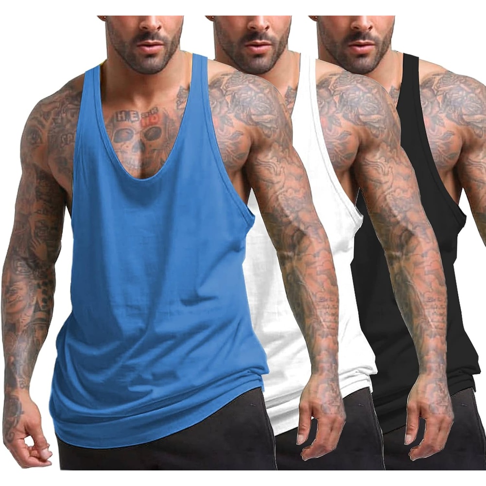 image:imageCOOFANDY Mens 3 Pack Tank Tops Gym Workout YBack Sleeveless Muscle Shirts Bodybuilding Loose Y Back Tank Top Quicky Dry Oversized String Sleeveless Shirtsfor FitnessCasualRunningWeight LiftingBlackWhiteBlue