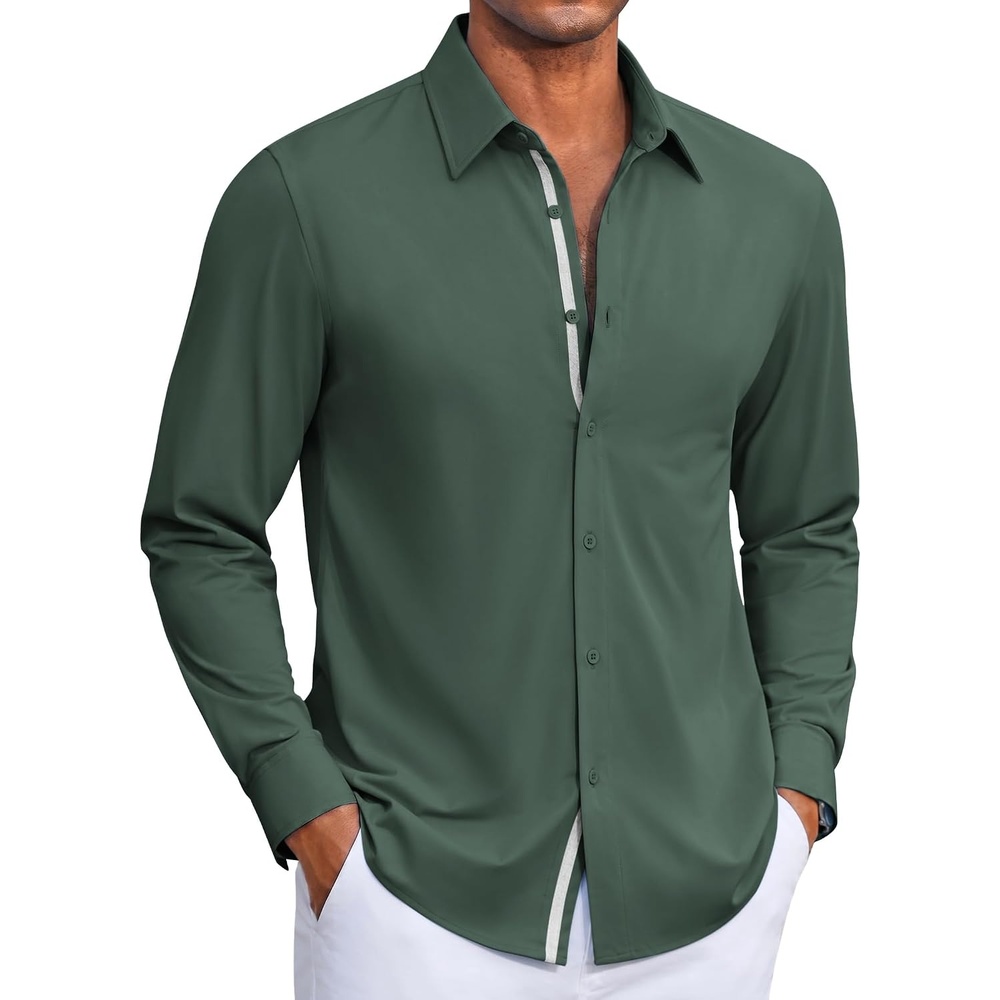 image:imageCOOFANDY Mens Dress Shirt Long Sleeve Wrinkle Free Casual Button Down Shirt Knit ShirtUntucked ShirtsBusiness Casual ShirtArmy Green
